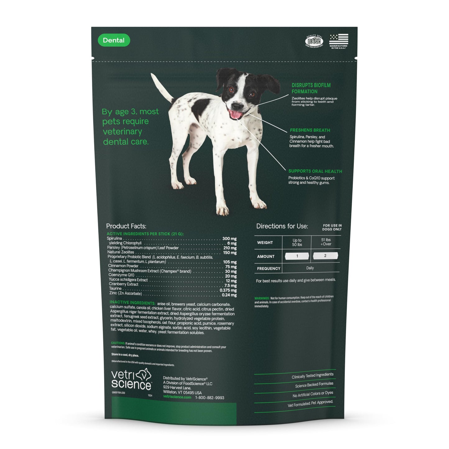 VetriScience Healthy Mouth Dental Chews, Perio Plus Sticks for Dogs, with Probiotics, Spirulina & Zeolites, Breath Freshening, Plaque & Tartar Control, Chicken, 30 Count