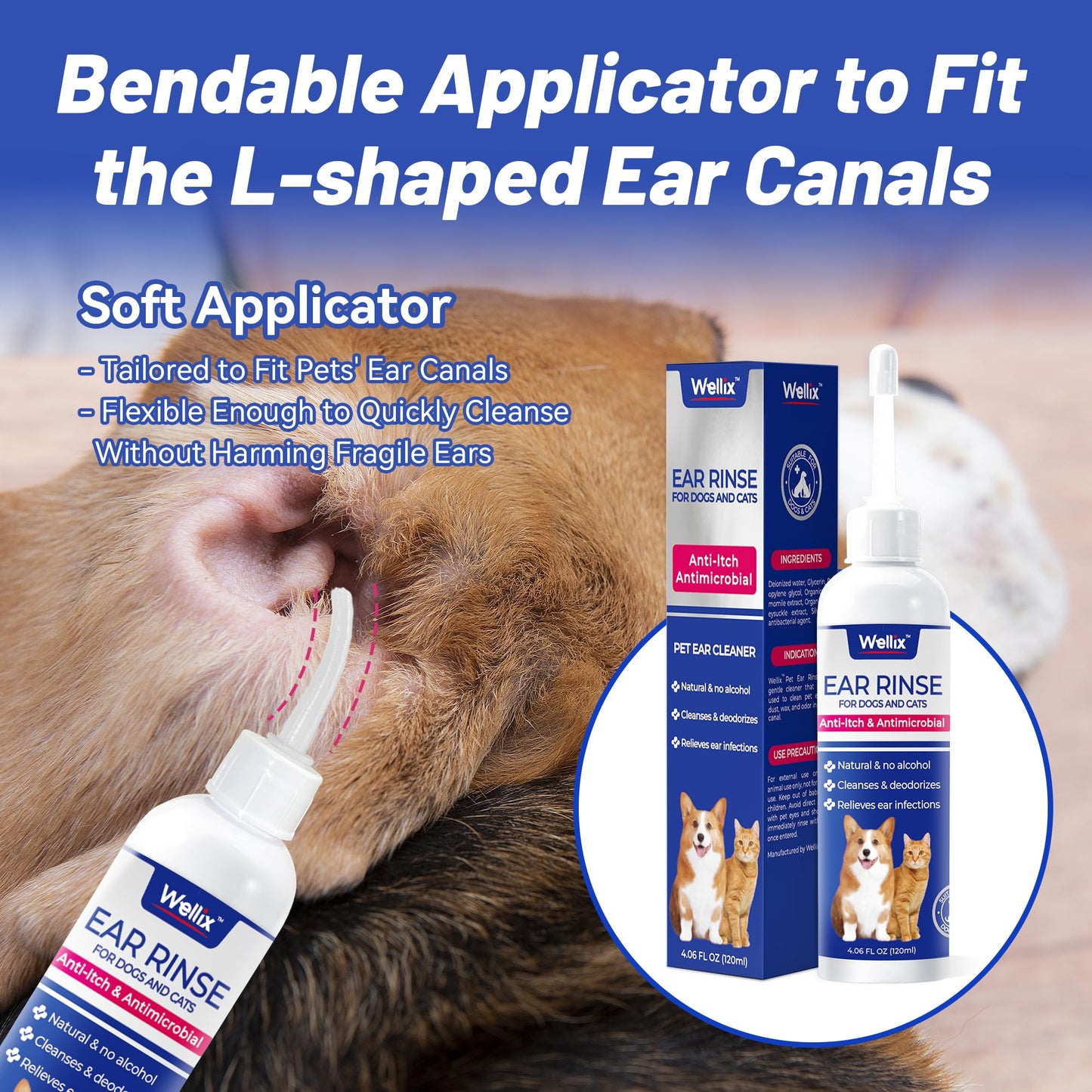 Wellix 120ml Ear Cleaner for Dog & Cat - Ear Infection Treatment Without Irritation - Dog Ear Wash for Itch Relief & Soothing Inflammation - Ear Wax, Powder and Odor Removal Drops