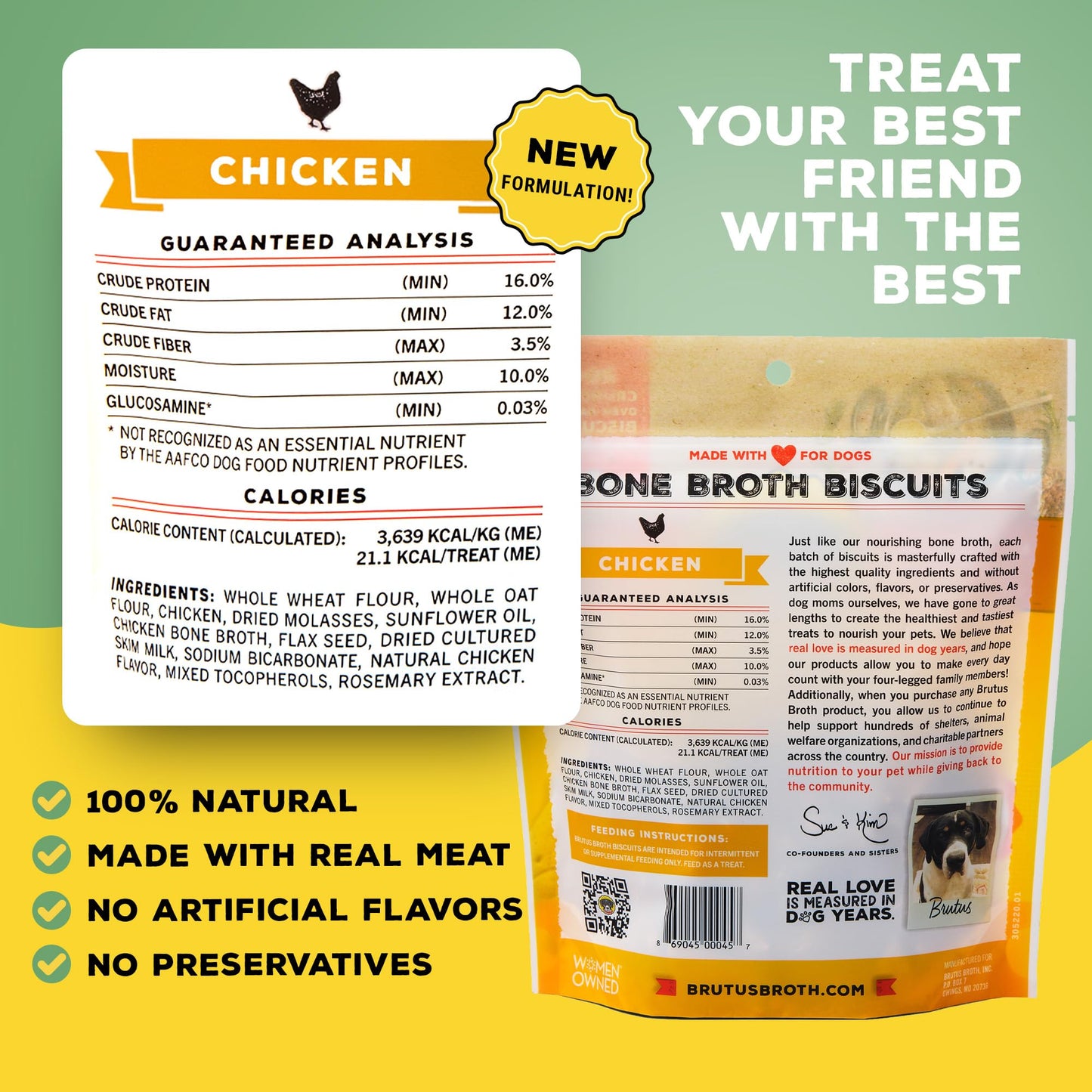 Brutus Bone Broth Biscuits (Chicken) - Healthy Dog Treats - Natural Biscuits with Dog Bone Broth and Real Chicken Meat - 18 Grams of Protein - 8 OZ (Pack of 2)