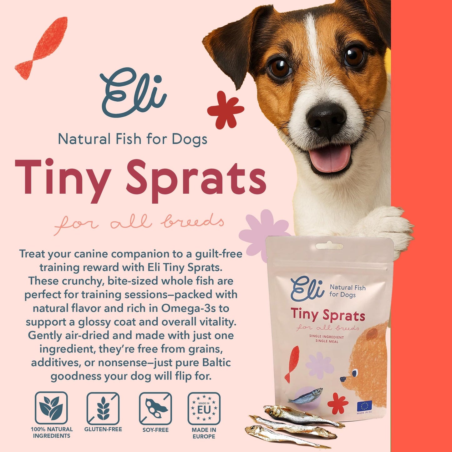 Eli Tiny Sprats – Natural Dog Treats, Whole Small Fish, High in Protein and Omega-3, Grain Free, Single Ingredient, No Additives, Gluten Free, Air Dried, Training Snack or Meal Topper – 2 Pack