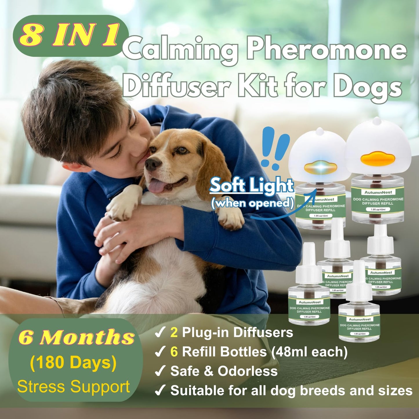 AutumnNest 8-in-1 Dog Calming Diffuser Kit – 2 Plug-Ins + 6 Refills, Pheromone-Based Pet Stress Support, 180-Day Supply, Helps Promote Calm Behavior, Safe & Non-Toxic