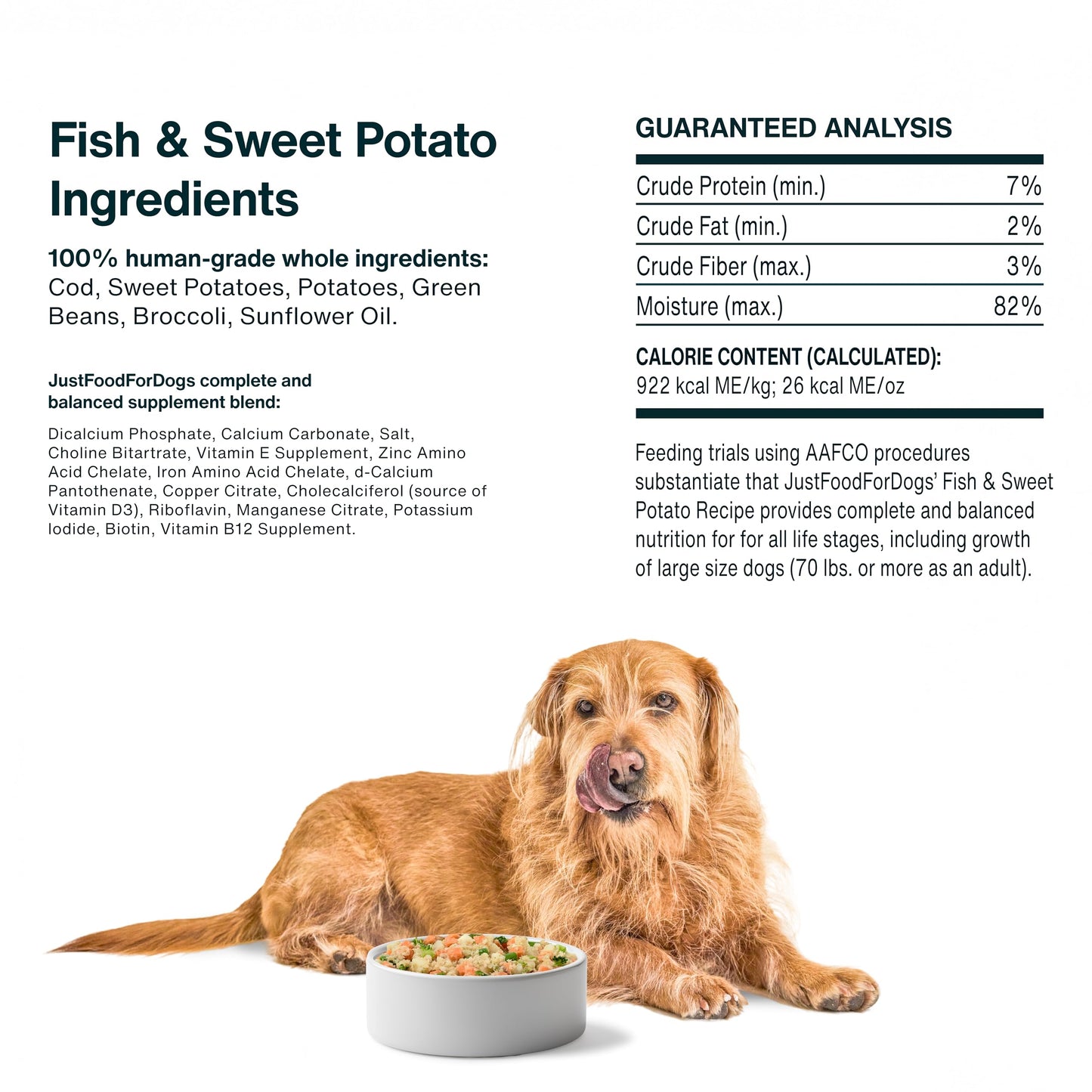 JustFoodForDogs Frozen Fresh Dog Food, Complete Meal or Dog Food Topper, Fish & Sweet Potato Human Grade Dog Food Recipe, 18 oz (Pack of 21)