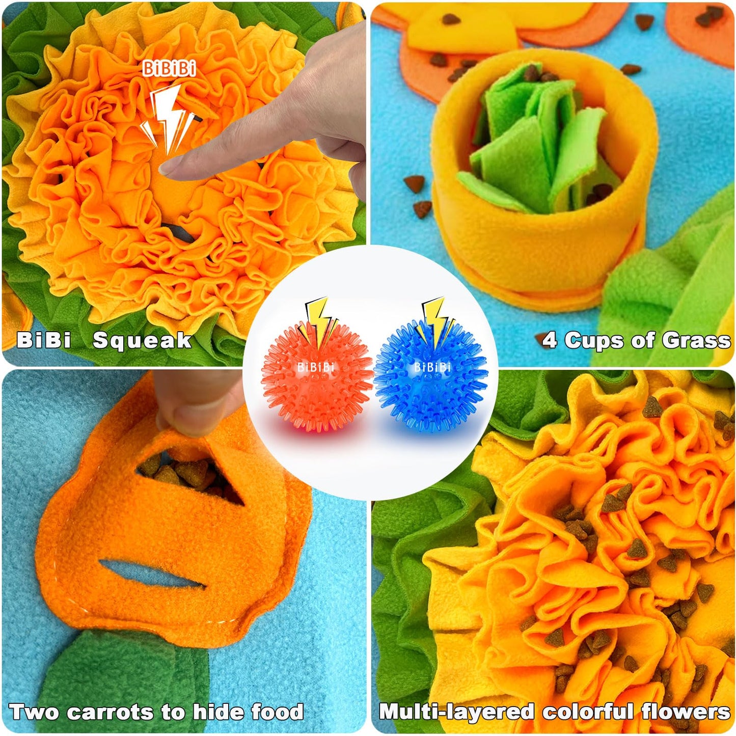 KVEXLIM Snuffle Mat for Dogs - Interactive Dog Feeding Mat with Squeaky Center & 2 Spikey Balls | Mental Enrichment Toy for Small, Medium, Large Dogs | Slow Feeder, Machine Washable, Non-Slip Base