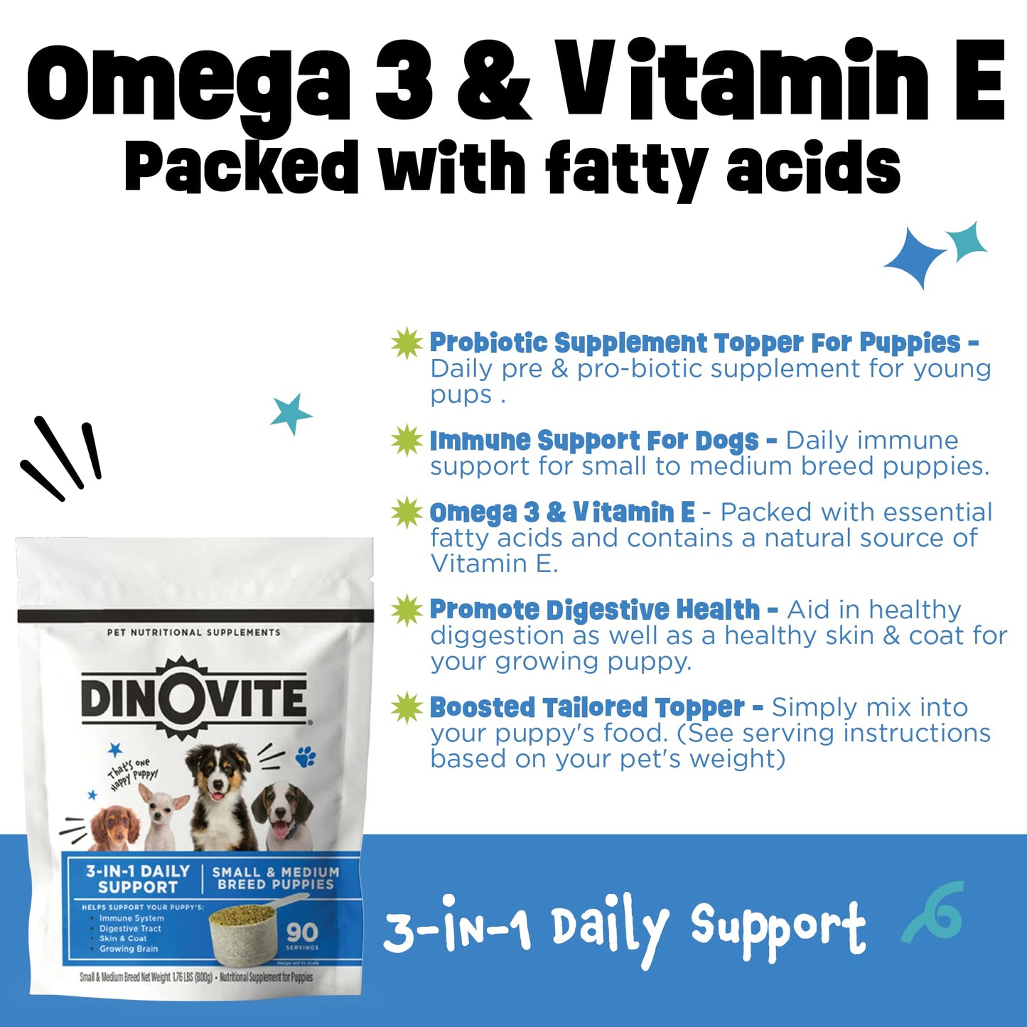 Dinovite 3 in 1 Probiotic for Puppies, Skin & Coat, Digestive Health & Joint Relief, Dog Food Toppers, Salmon Oil, Glucosamine, Allergy Relief & Itch Relief Skin Care, 90 Servings (Puppy)