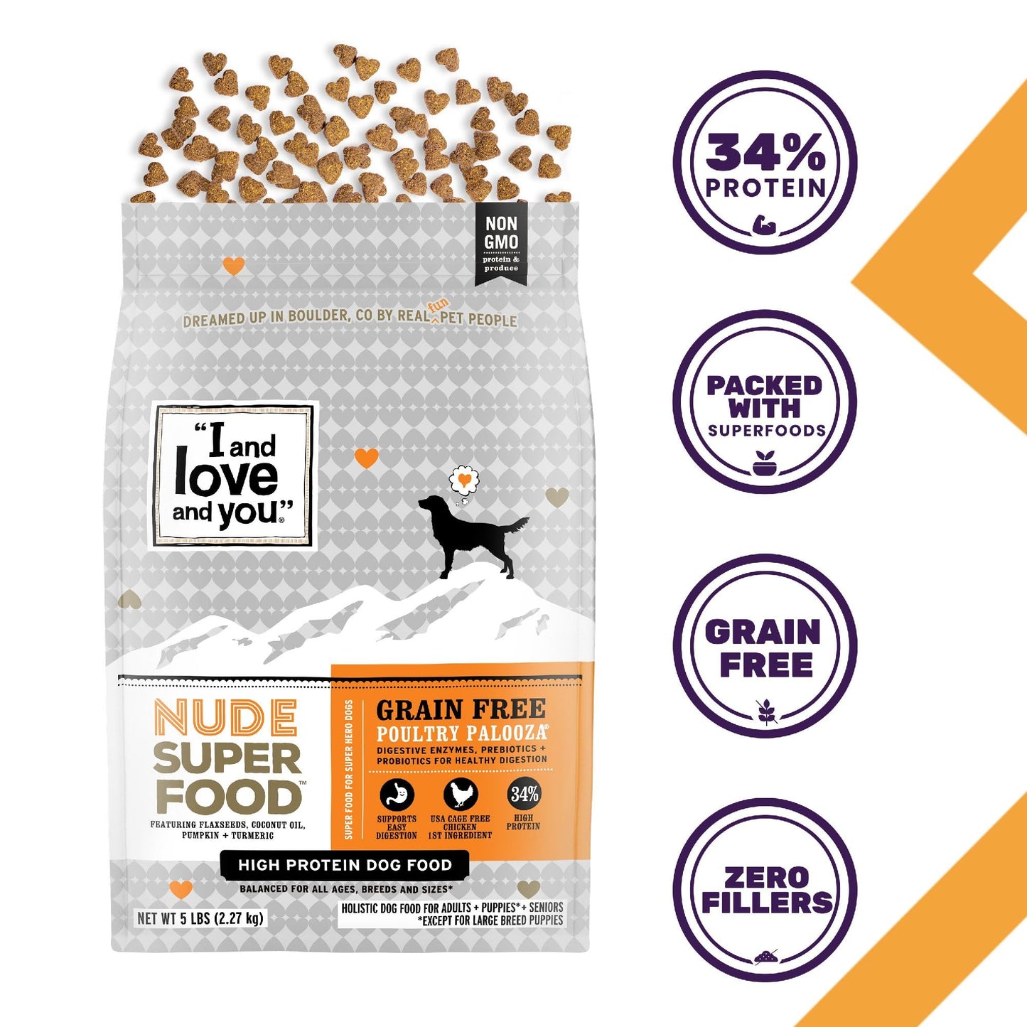 I and love and you Nude Super Food Dry Dog Food - Turkey + Chicken - Prebiotic + Probiotic, Grain Free, Real Meat, No Fillers, 5lb Bag