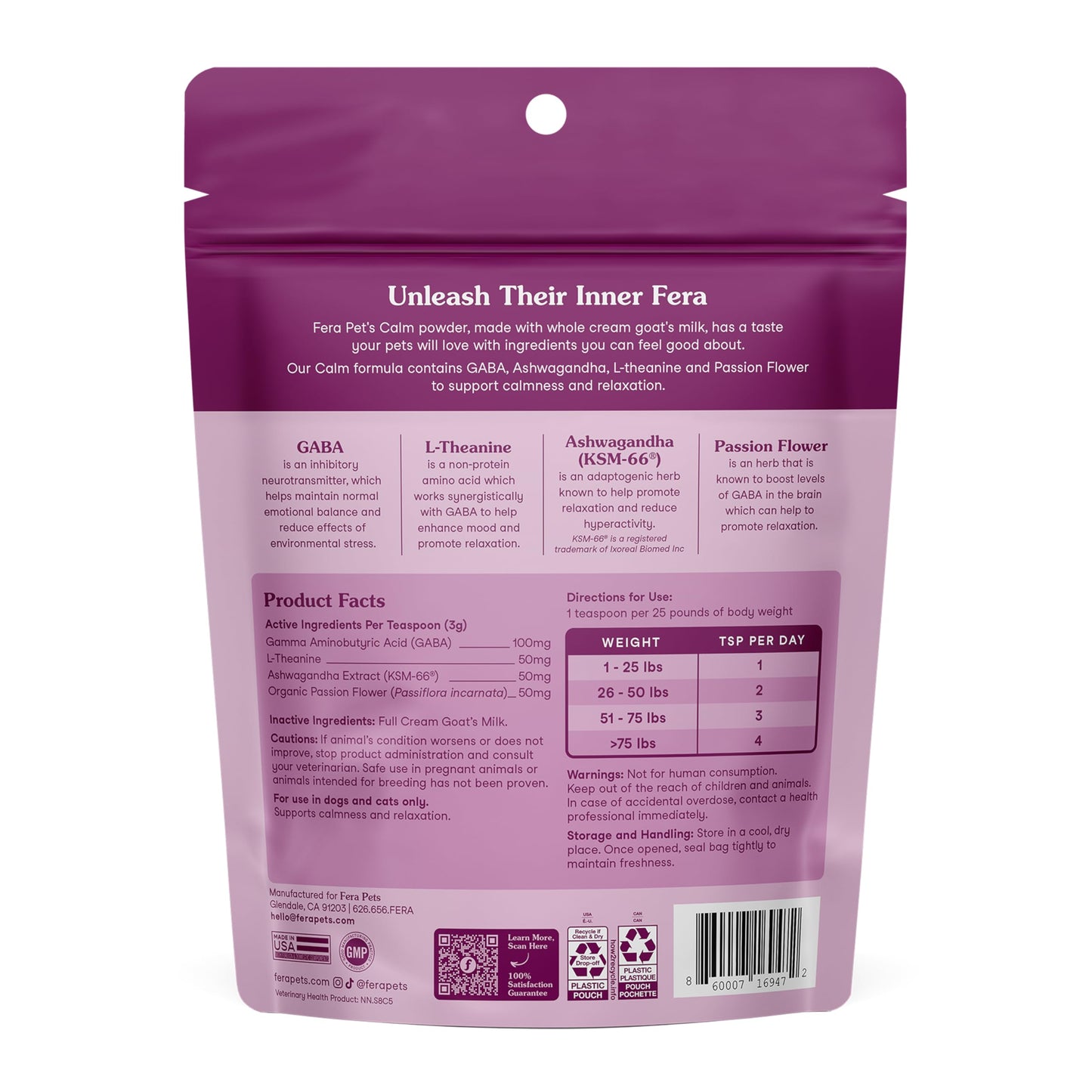 Fera Pets Goat Milk - Calming Supplement for Dogs & Cats - Ashwagandha, L-Theanine, & Passion Flower - Supports Anxiety Relief & Relaxation - for Picky Eaters - 60 TSP