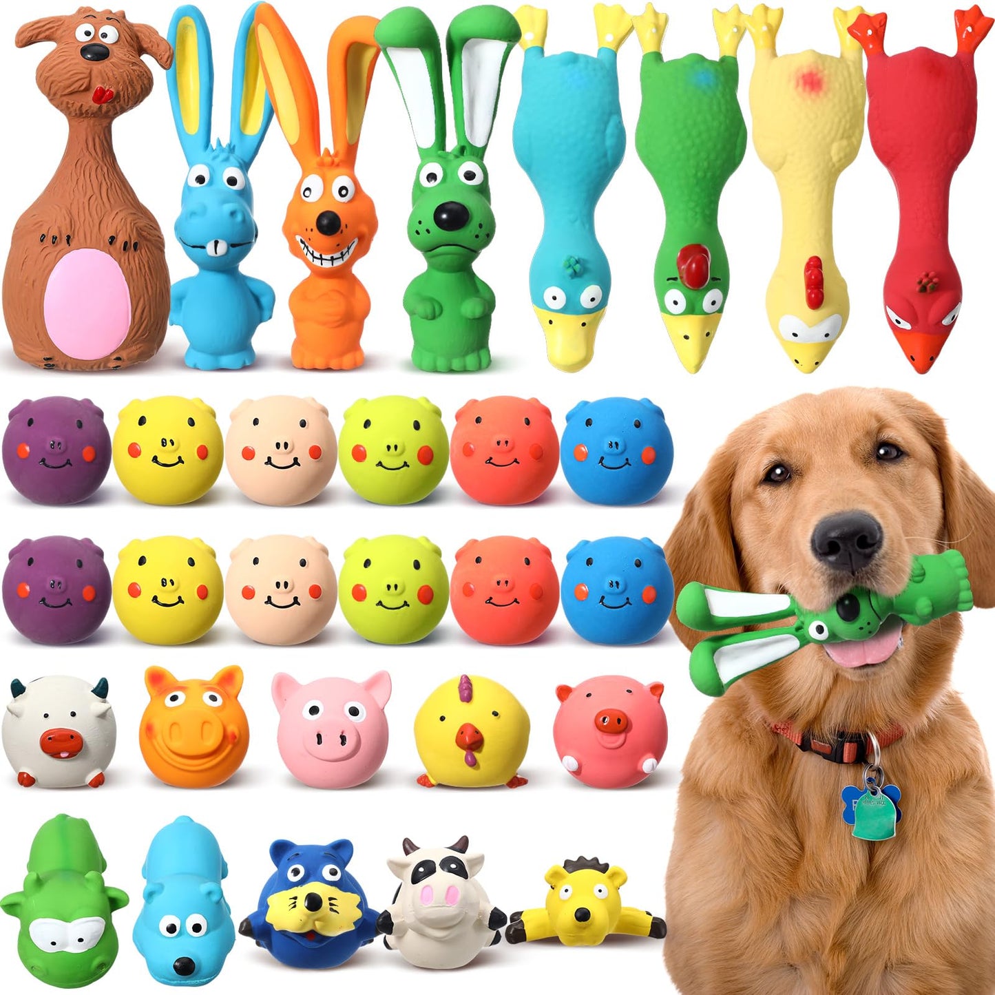 Vertintong 30 Pcs Squeaky Dog Toys Squeak Latex Puppy Funny Animal Soft Dog Chew Toy for Small Medium Large Pets Interactive Play Fetch Reduce Separation Anxiety, Assorted Styles