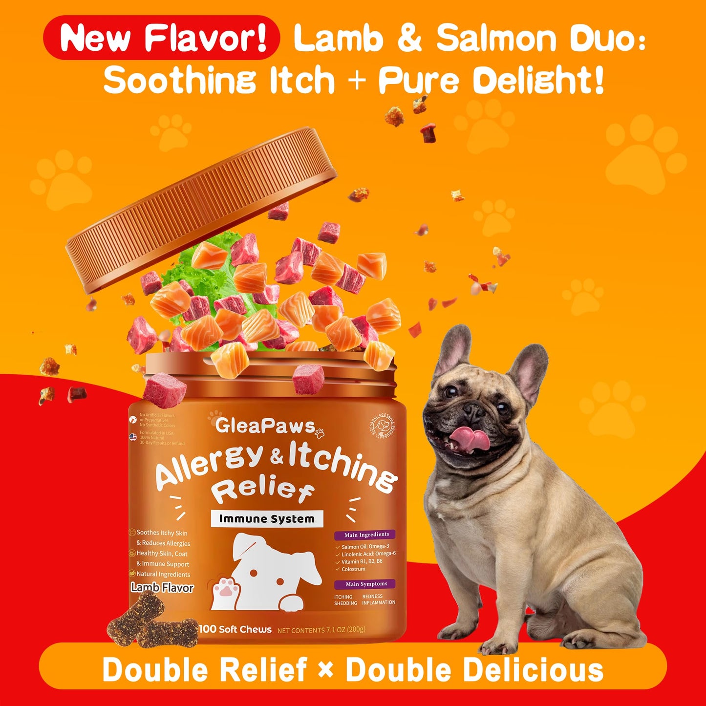 GleaPaws Dog Allergy & Itch Relief Supplement - Salmon Oil Omega-3, Omega-6, Vitamin B1/B2/B6, Colostrum Probiotics for Seasonal Allergy, Hot Spots, Paw Licking, 100 Chews, Lamb+Salmon Oil