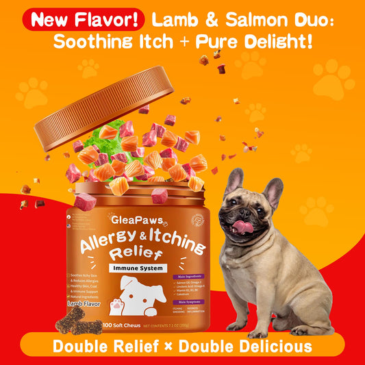 GleaPaws Dog Allergy & Itch Relief Supplement - Salmon Oil Omega-3, Omega-6, Vitamin B1/B2/B6, Colostrum Probiotics for Seasonal Allergy, Hot Spots, Paw Licking, 100 Chews, Lamb+Salmon Oil