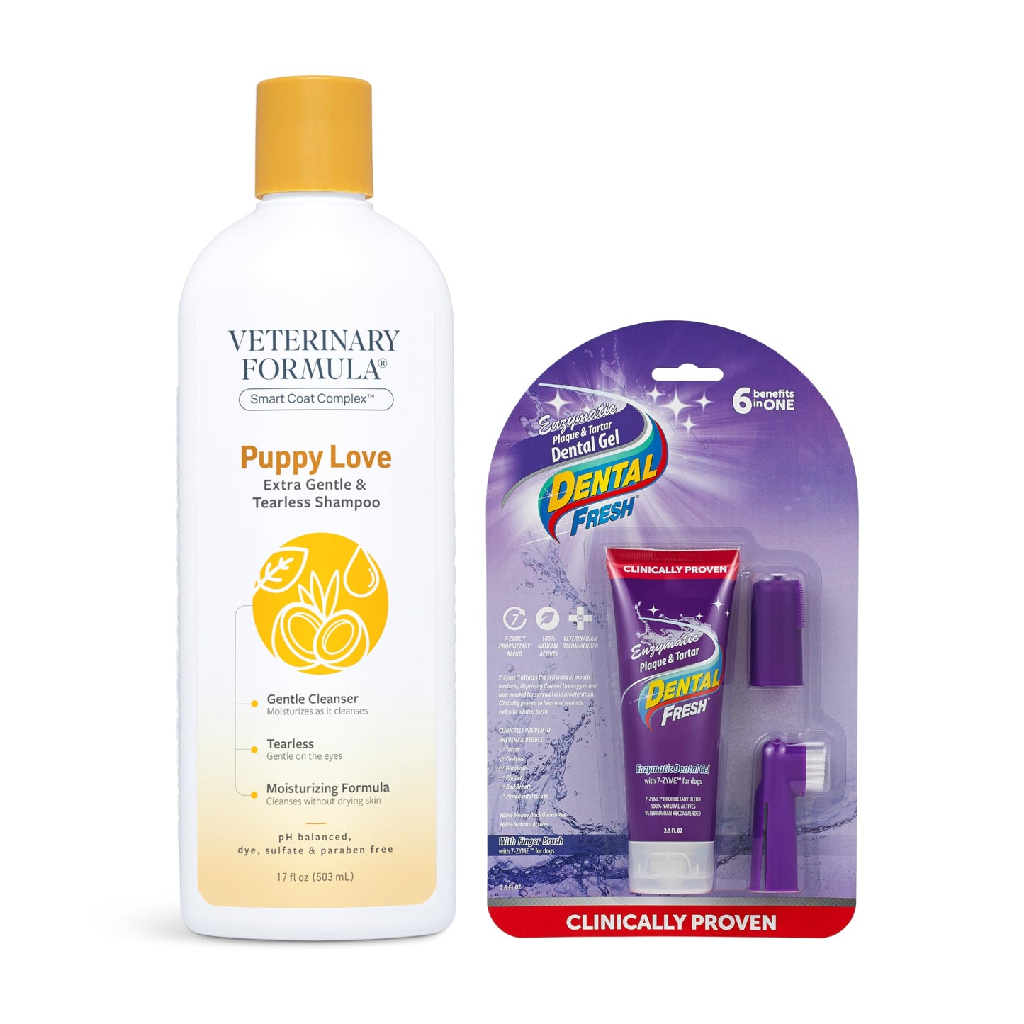 Veterinary Formula Smart Coat Complex Puppy Love Extra Gentle Tearless Shampoo, 17 Fl oz + Dental Fresh Enzymatic Gel Finger Toothbrush Kit for Dogs, 2-Piece Bundle