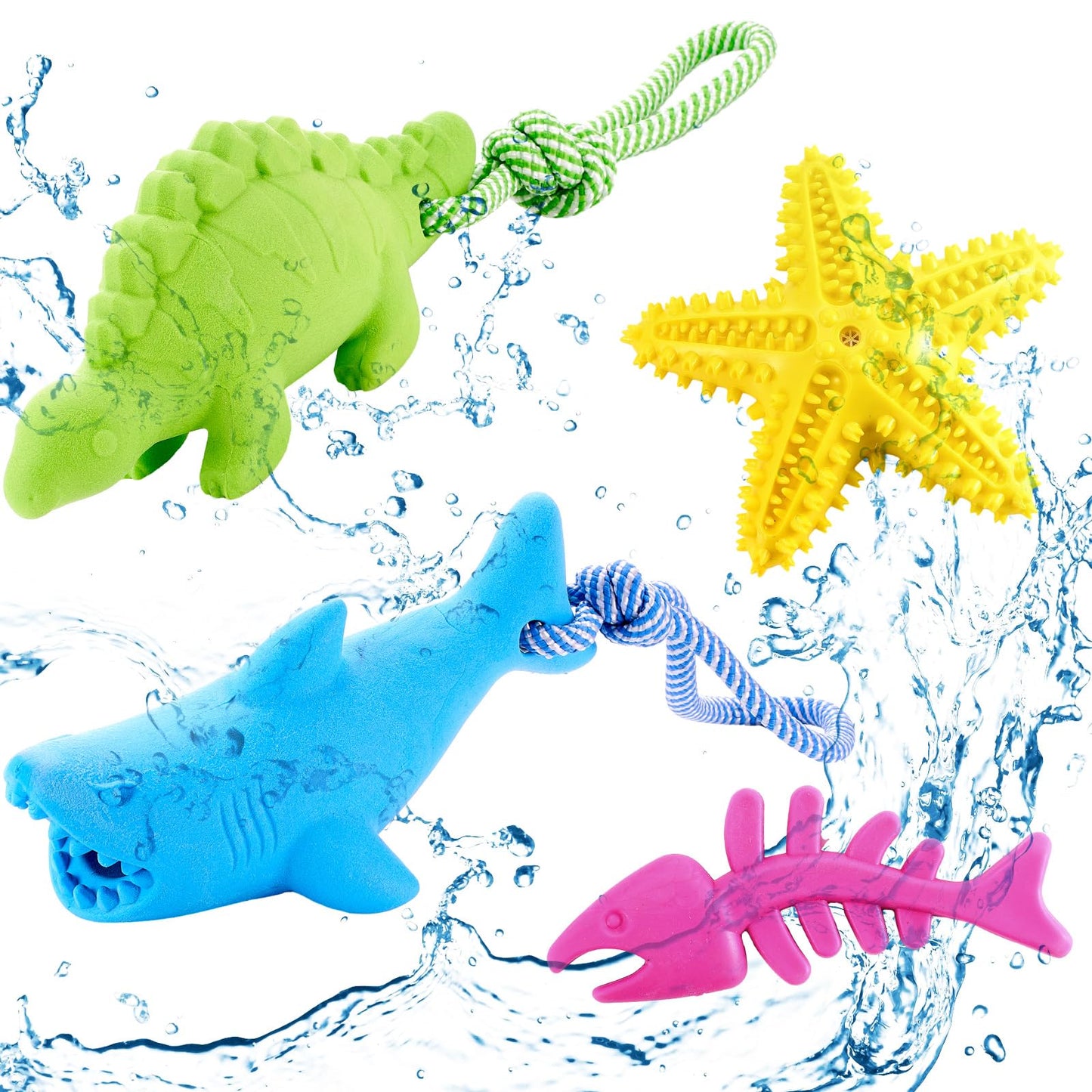 WinnerWhy 4 Pack Floating Dog Toys for Aggressive Chewers Summer Interactive Fetch Games Natural Teeth Cleaning for Small Medium Dogs Shark Dino Fish Starfish Set