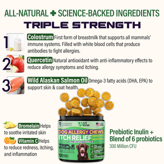 Vet Treat's Dog Allergy Relief Chews - 170 Dog Allergy Chews - Itch Relief for Dogs - Anti Itch for Dogs - Dry & Itchy Skin - Allergies & Immune Support Supplement, Omega 3 Fish Oil, Probiotics - USA