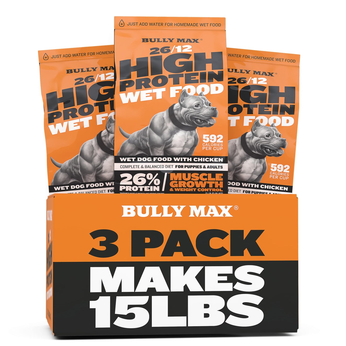 Bully Max Wet Dog Food - Instant Fresh Dehydrated High Protein Soft Puppy & Adult Dog Food with Chicken - Healthy Muscle Growth for Small & Large Breeds - 6 Dry Pounds (Makes 16.5 lbs. of Wet Food)