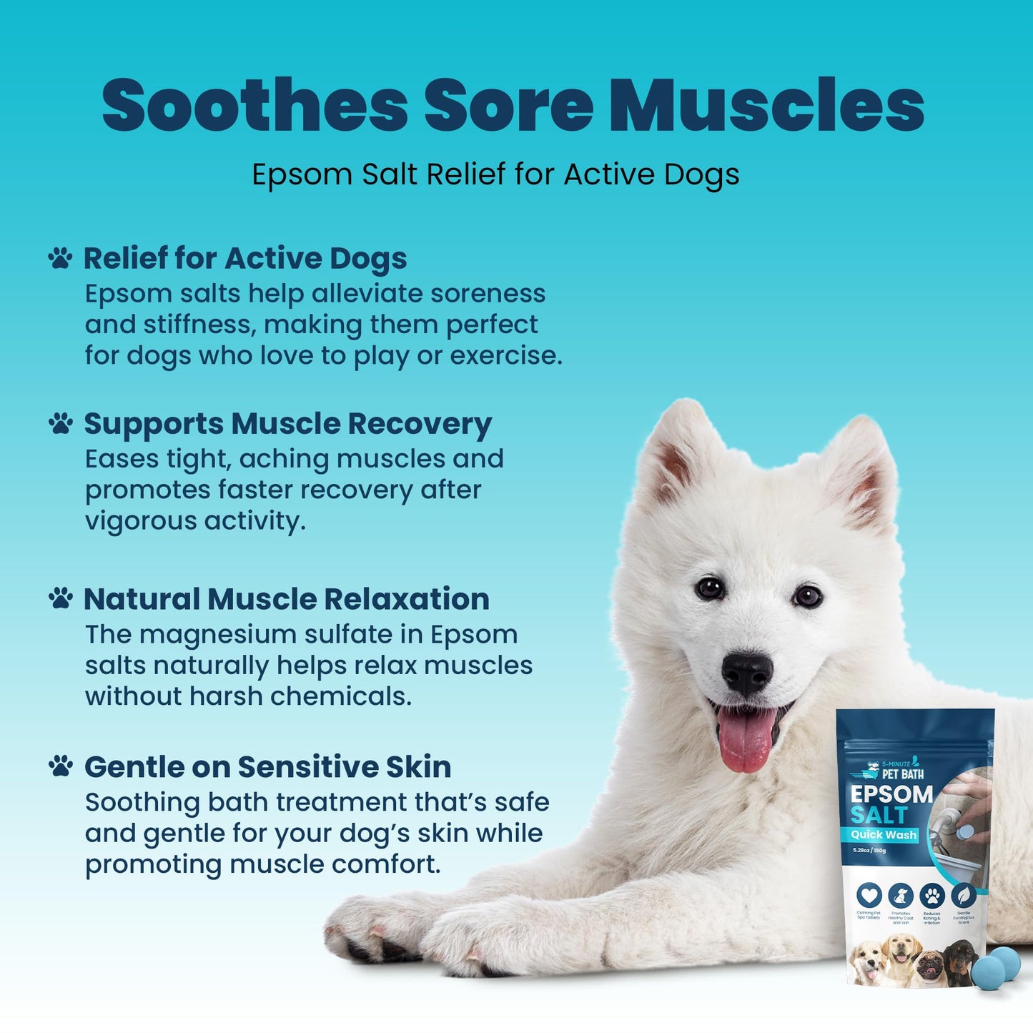 5-MinutePetBath Soothing Epsom Salt Pet Wash for Dogs Paws - Calming Bath Soak Recovery Formula - Pain & Itch Relief for Dogs - Quick Dissolving Soak Wash Tablets - Gentle Eucalyptus Formula