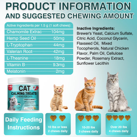 MNQAXZ Cat Calming Treats, 140 Soft Chews to Relieve Anxiety, Stress & Prevent Bites, Perfect for Travel & Veterinary Visits, Soothing Calming Care for Indoor Cats Chicken Flavor 7.41 OZ