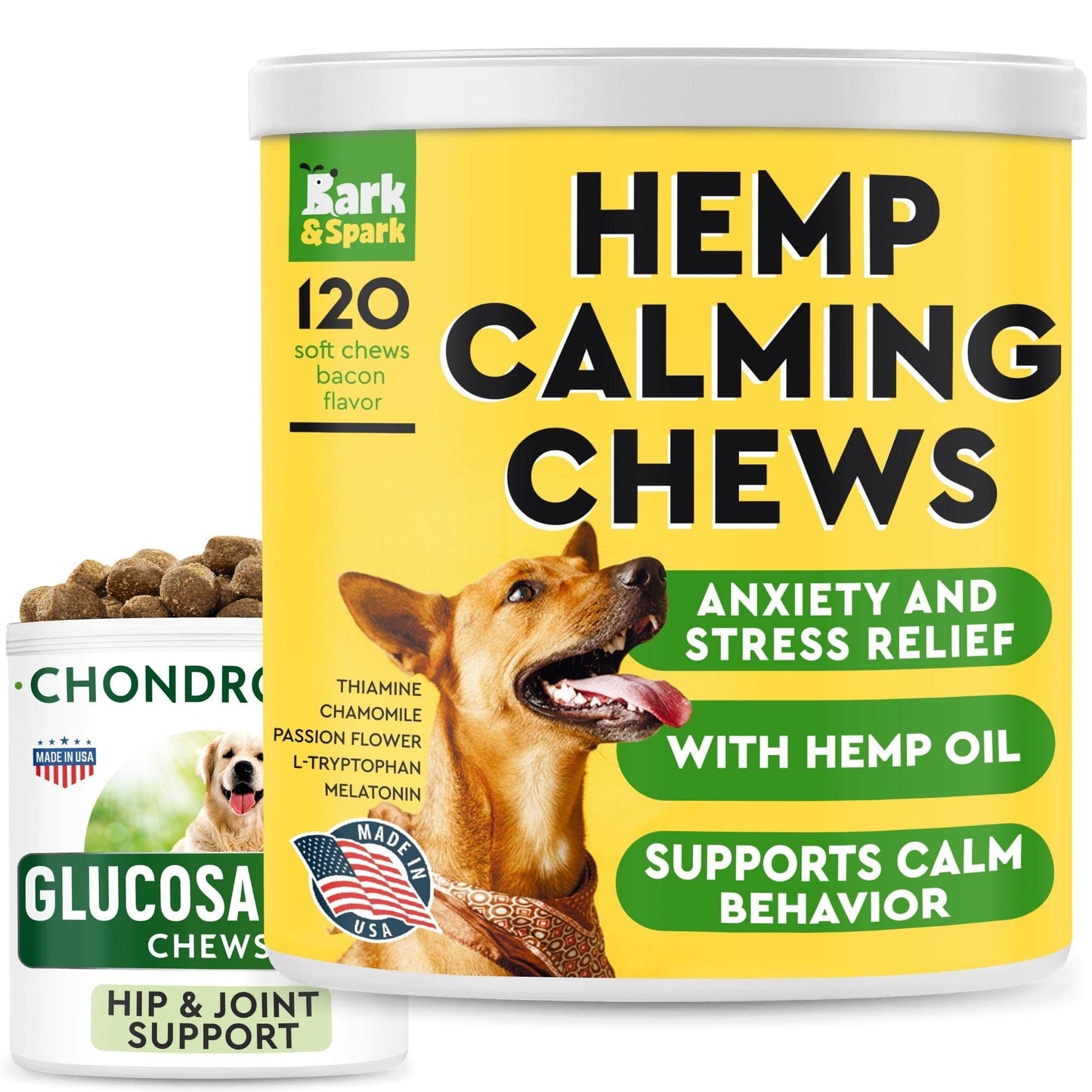 Calming Hemp Treats for Dogs + Glucosamine Dog Treats Bundle - Hemp Oil + Chondroitin, MSM, Omega-3 - Anxiety Relief + Stress Relief + Joint Pain Relief - Hip & Joint Care - Made in USA - 300 Chews