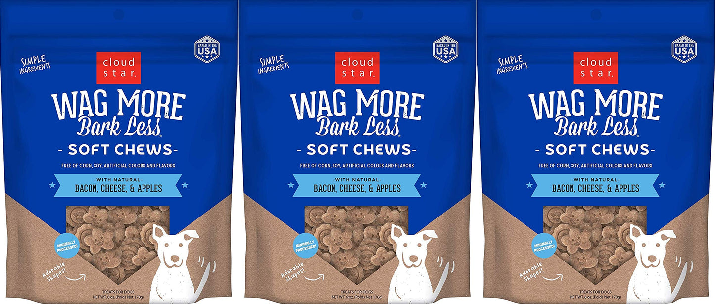 Cloud Star 3 Pack of Wag More Bark Less Soft Chews Dog Treats, 5 Ounces Each, with Bacon, Cheese and Apples