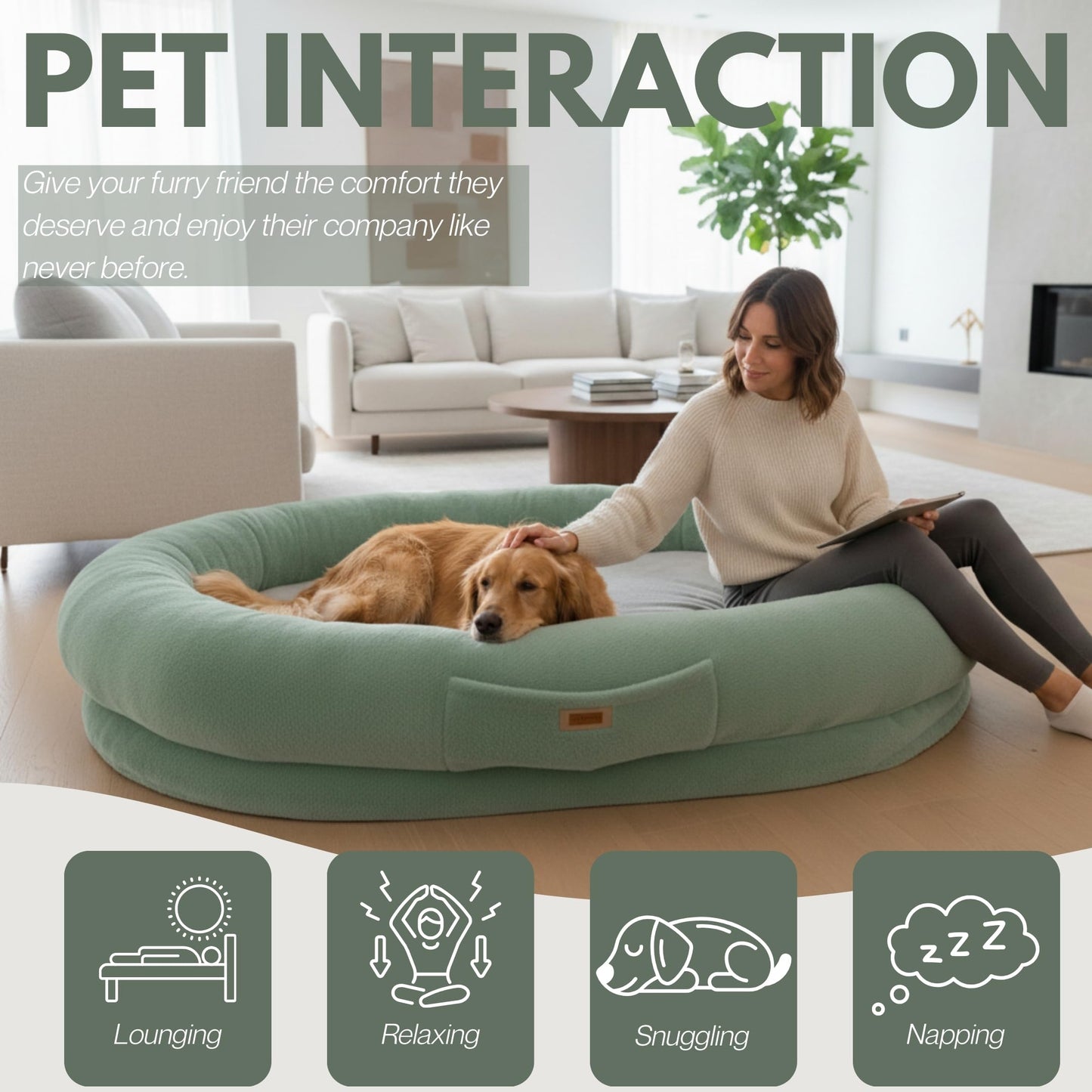 Human Dog Bed for Adults & Pets – Extra Large Cozy Lounger with Ultra-Soft Plush Fabric, Supportive Memory Foam Mattress & Removable Washable Cover – Oversized Pet Bed for Relaxation & Bonding (Green)