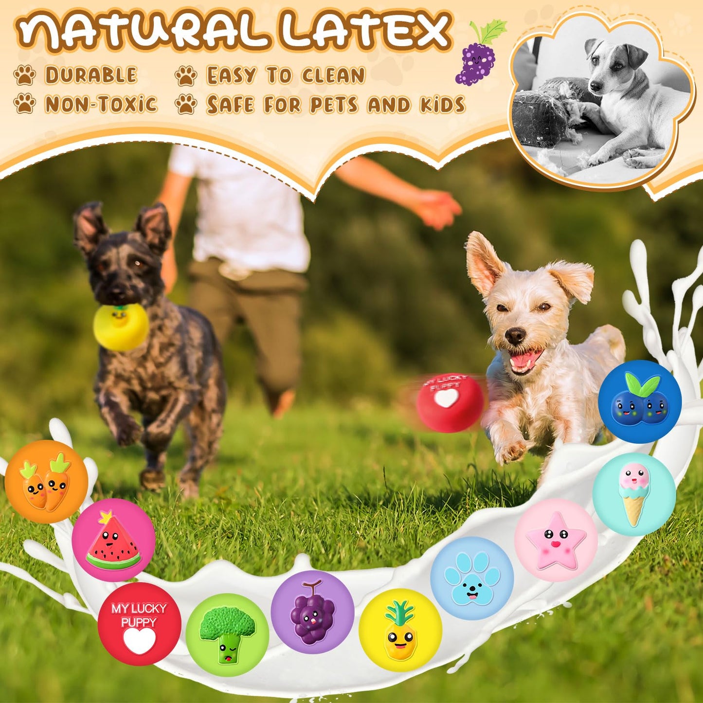 Hungdao 40 Pcs Bulk Dog Squeaky Toys Soft Rubber Latex Dog Toys Small Squeaky Balls Interactive Fetch Balls for Teething Small Pet Breeds Training(Cute Fruit)