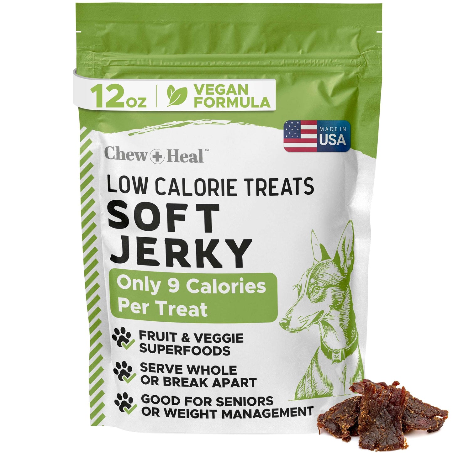 Chew + Heal Labs Low Calorie Dog Jerky Treats - 12 oz of Vegan Plant Based Natural Dog Treats with Chia Seeds, Fruits, and Vegetables - Good for Weight Management - Made in The USA