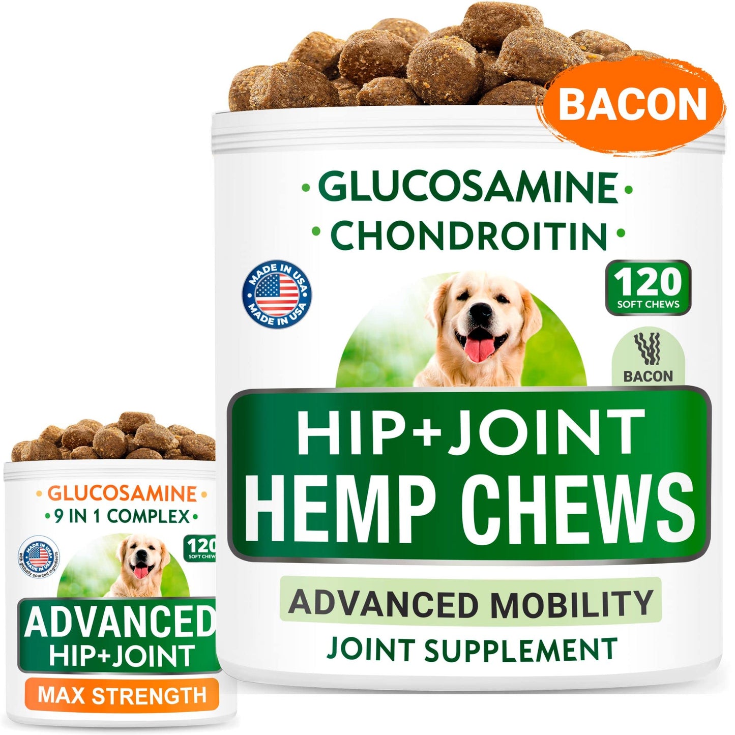 Hemp + Glucosamine Dog Treats Bundle - Natural Joint Pain Relief + Senior Advanced Joint Health - Chondroitin, MSM, Hemp Oil + Omega 3 - Old Dog Hip & Joint Care - 120 + 120 Chews - Made in USA