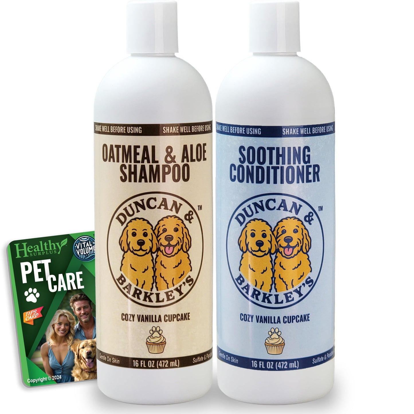 Duncan & Barkley’s Oatmeal & Aloe Dog Shampoo and Conditioner 16 Oz Bottles - Cozy Vanilla Cupcake Scent, Gentle Pet Wash for Sensitive Skin and Vital Volumes Tips Card - Bundle