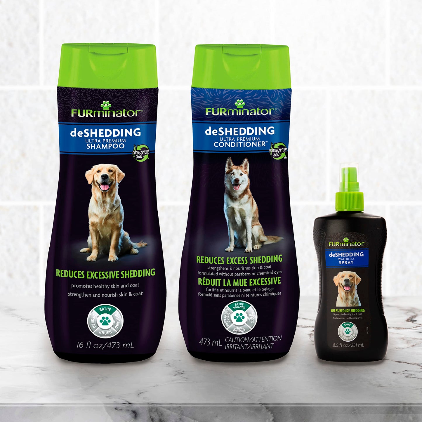 FURminator deShedding Kit, deShedding Shampoo, deShedding Conditioner, deShedding Waterless Spray, For Dogs, 40.5 oz (Set of 3)