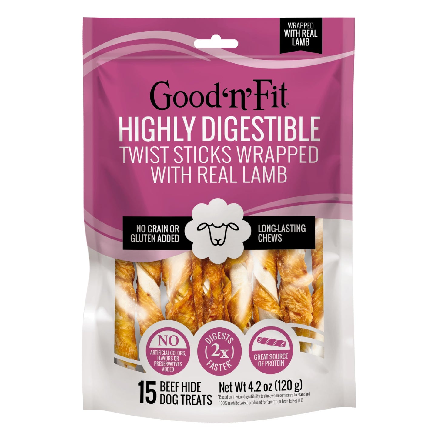Good 'n' Fit Twist Sticks Made with Real Lamb, 15 Count, Treat Your Dog to Long-Lasting and Highly Digestible Rawhide Chews