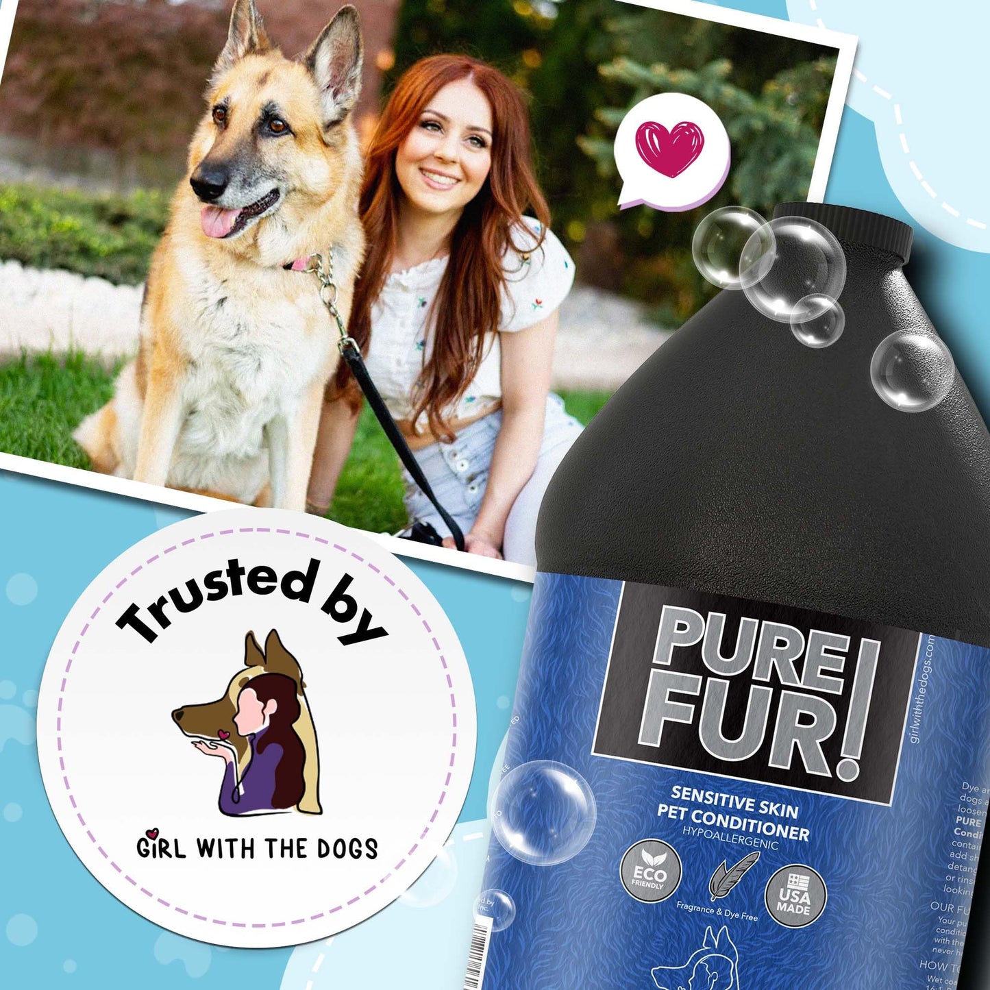 Girl With the Dogs Pure Fur! Sensitive Skin Pet Grooming Bundle - Made in USA - Dog Shampoo & Conditioner (1 Gal Each) + Sprayer Nozzle