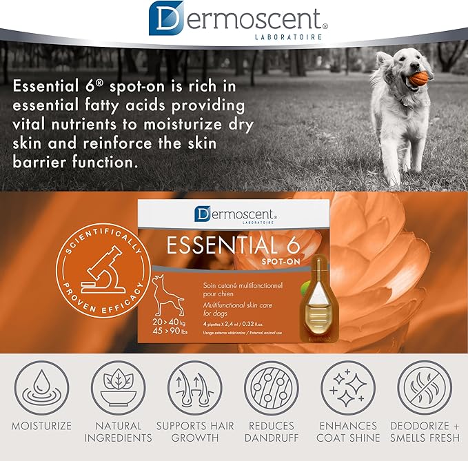 Dermoscent Essential 6 spot-on - Dog Skin Care for Dandruff & Allergy Relief with Vitamin E Oil - Anti Itch for Dogs - Natural Ingredients for Sensitive Skin - Dogs 20-40 kg - 4 Pipettes of 2.4 ml