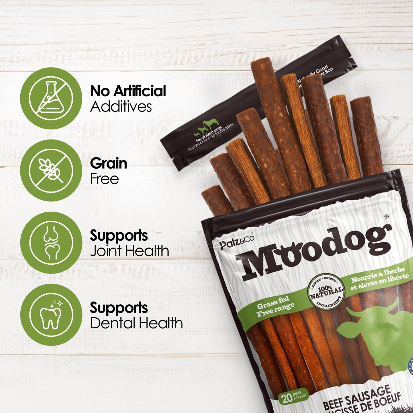 Moodog Beef Sausage Dog Treats - 20 Pack of Soft, All-Natural Grain-Free Chews for Dogs - Supports Dental Health, Joint Care & Stress Relief - No Artificial Additives