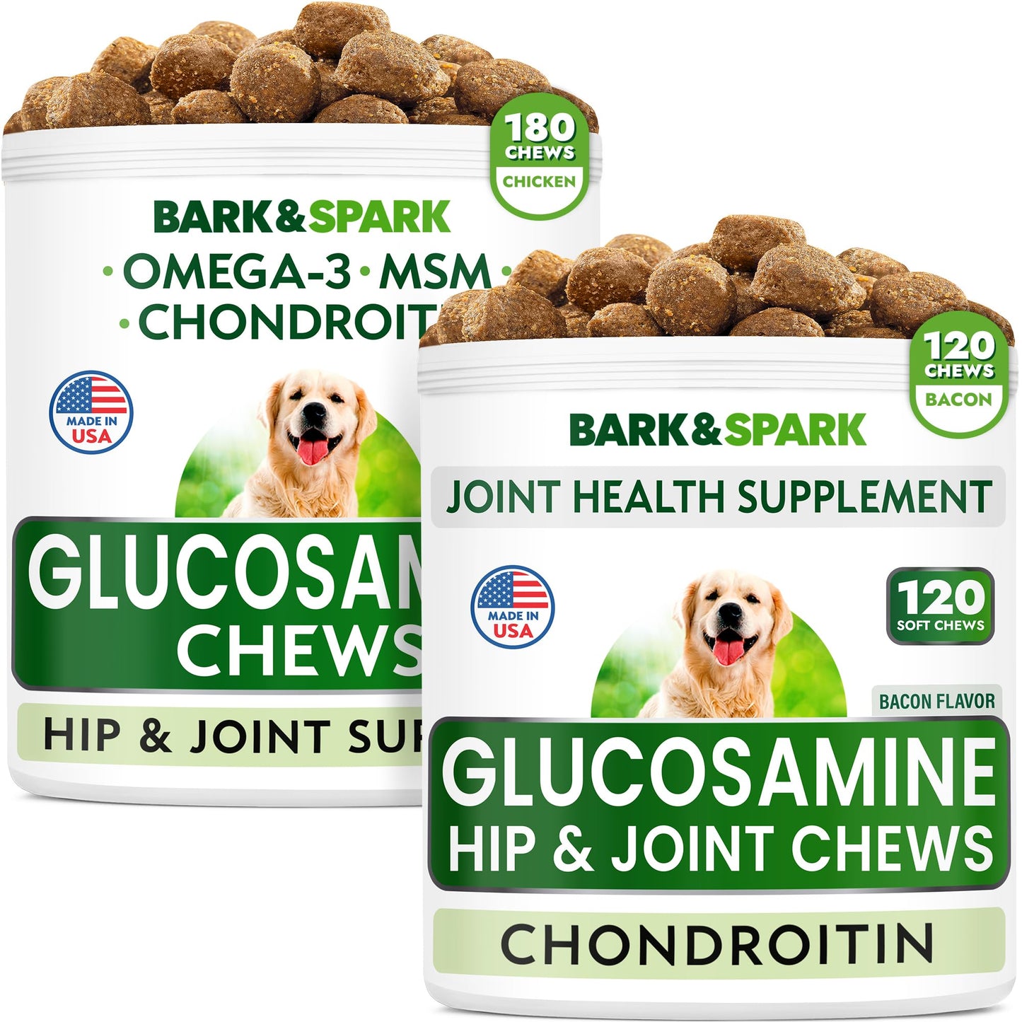 Glucosamine Dog Chews Bundle - Joint Pain Relief Supplement - Advanced Hip & Joint Support Formula with Chondroitin, MSM, Omega-3 - Hip & Joint Care - Made in USA - Bacon + Chicken Flavor - 300 Chews