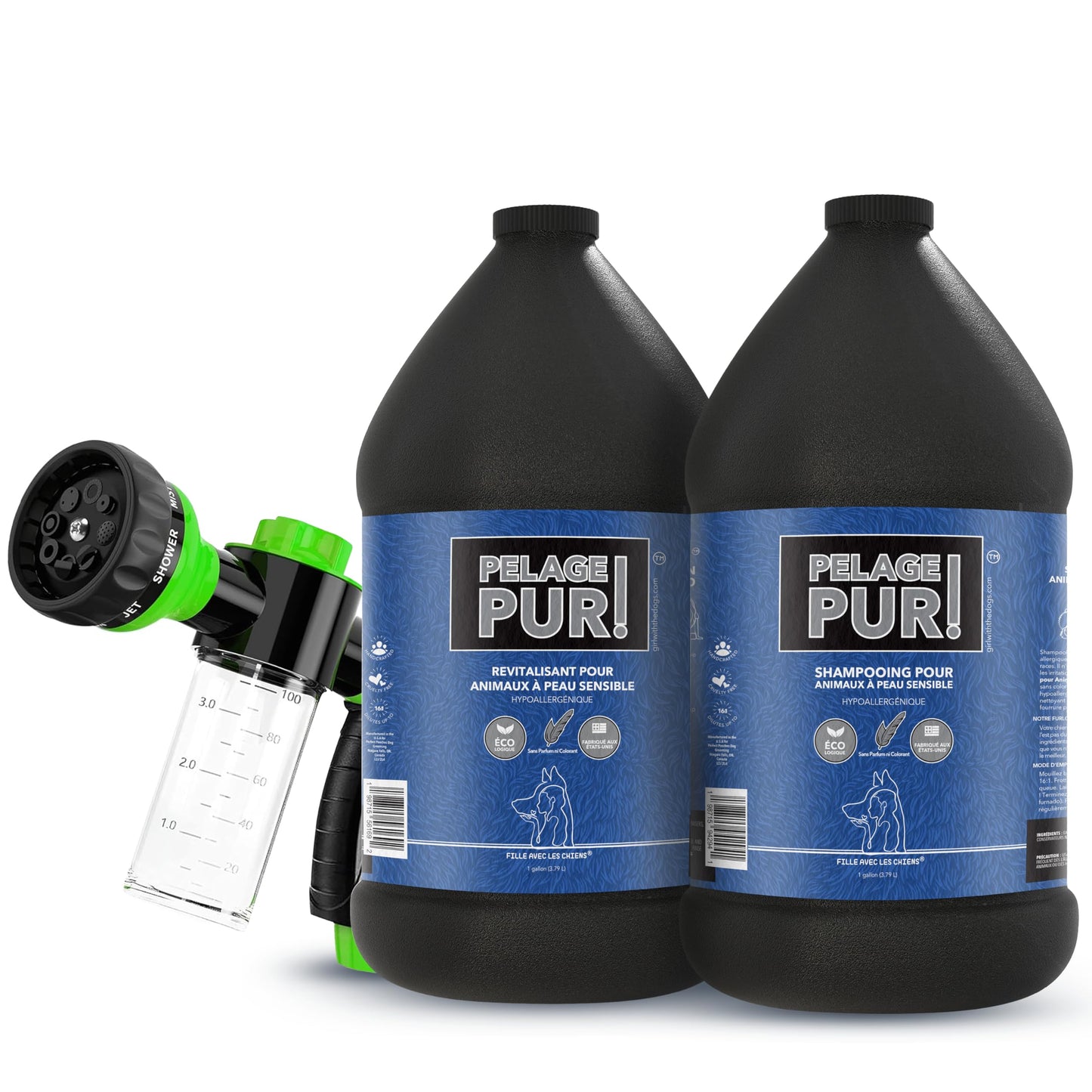 Girl With the Dogs Pure Fur! Sensitive Skin Pet Grooming Bundle - Made in USA - Dog Shampoo & Conditioner (1 Gal Each) + Sprayer Nozzle