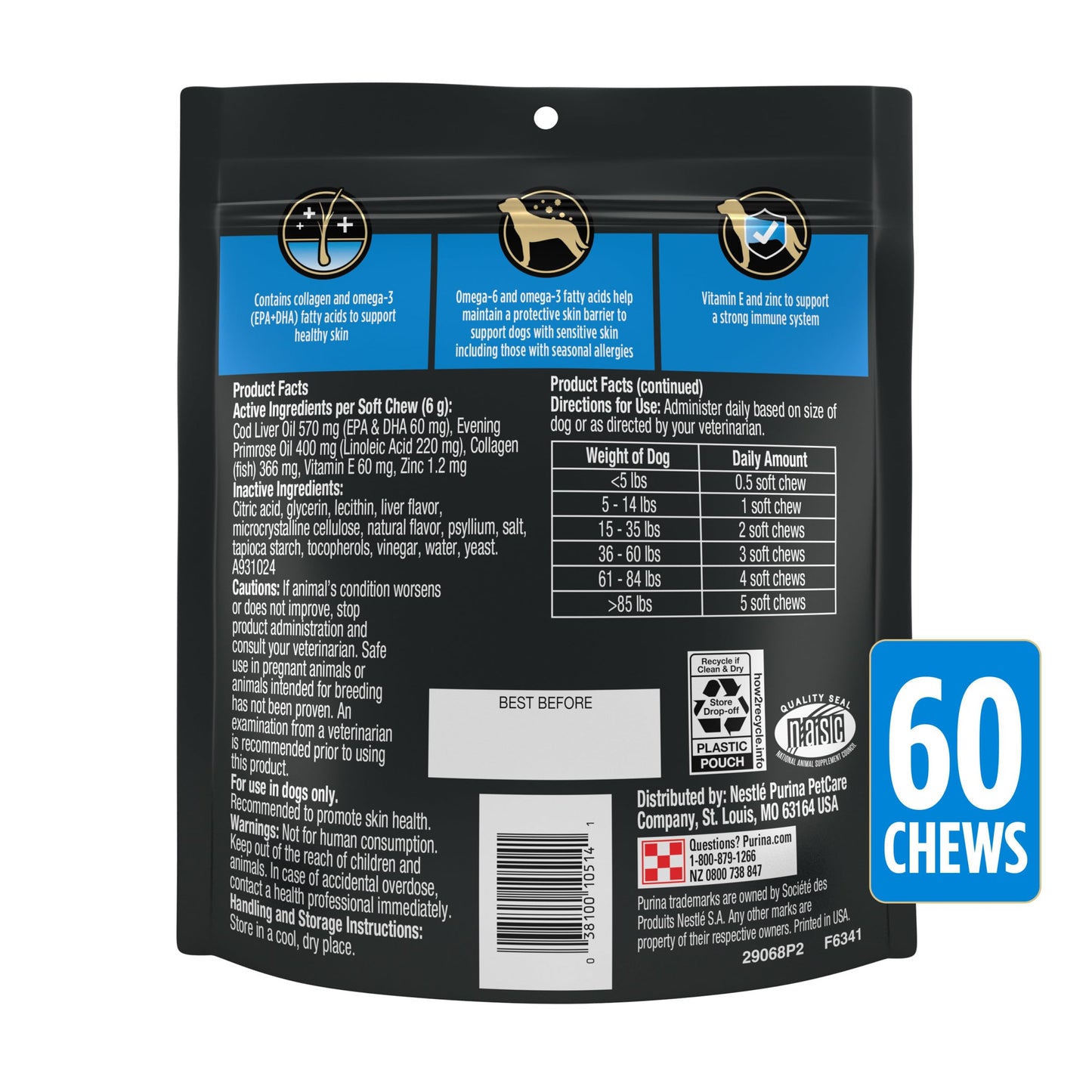 Purina Pro Plan Veterinary Supplements Skin Care Dog Supplements With Omega-3 Fish Oil and EPA and DHA - (Pack of 3) 60 ct. Pouches