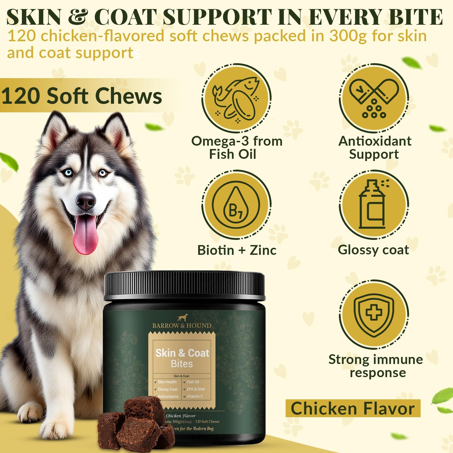 Barrow & Hound - Skin & Coat Support Chews for Dogs – 120 Soft Chews with Fish Oil, Omega 3, Biotin & Zinc – Shiny Coat & Healthy Skin – Chicken Flavor