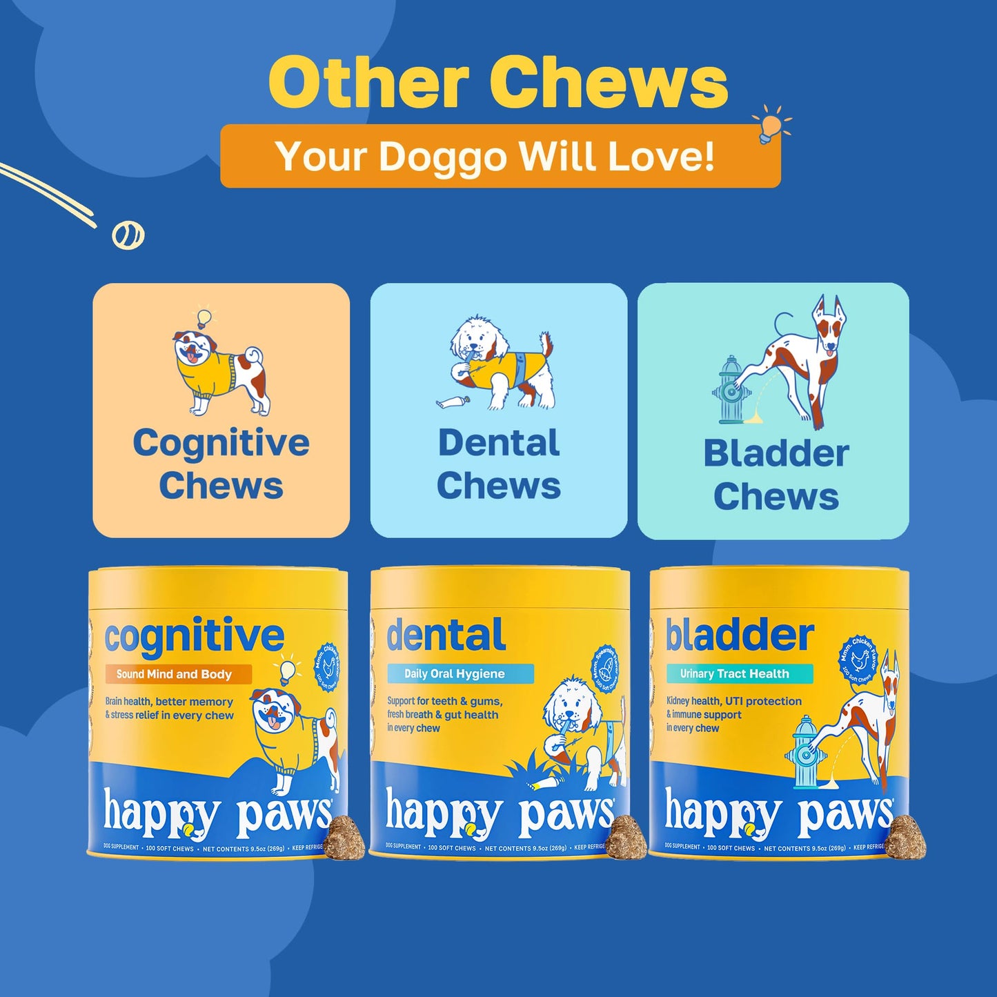 Happy Paws Calming Chews for Dogs, Soft Chews with Chamomile, Passion Flower, Valerian Root, Tryptophan & Theanine, Supports Relaxation, Balanced Behavior & Sleep, Vegan Peanut Butter Flavor 100 Count