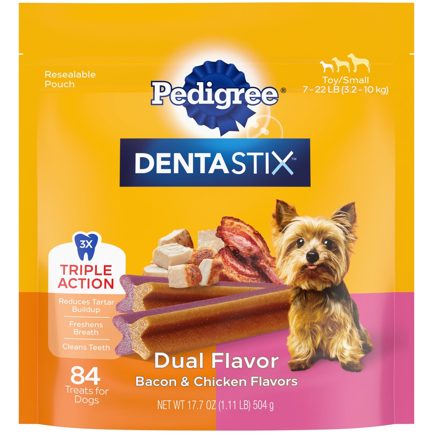 Pedigree Dentastix Dual Flavor Small Breed Dog Treats, Bacon & Chicken, 17.78 oz. Bag (84 Treats)