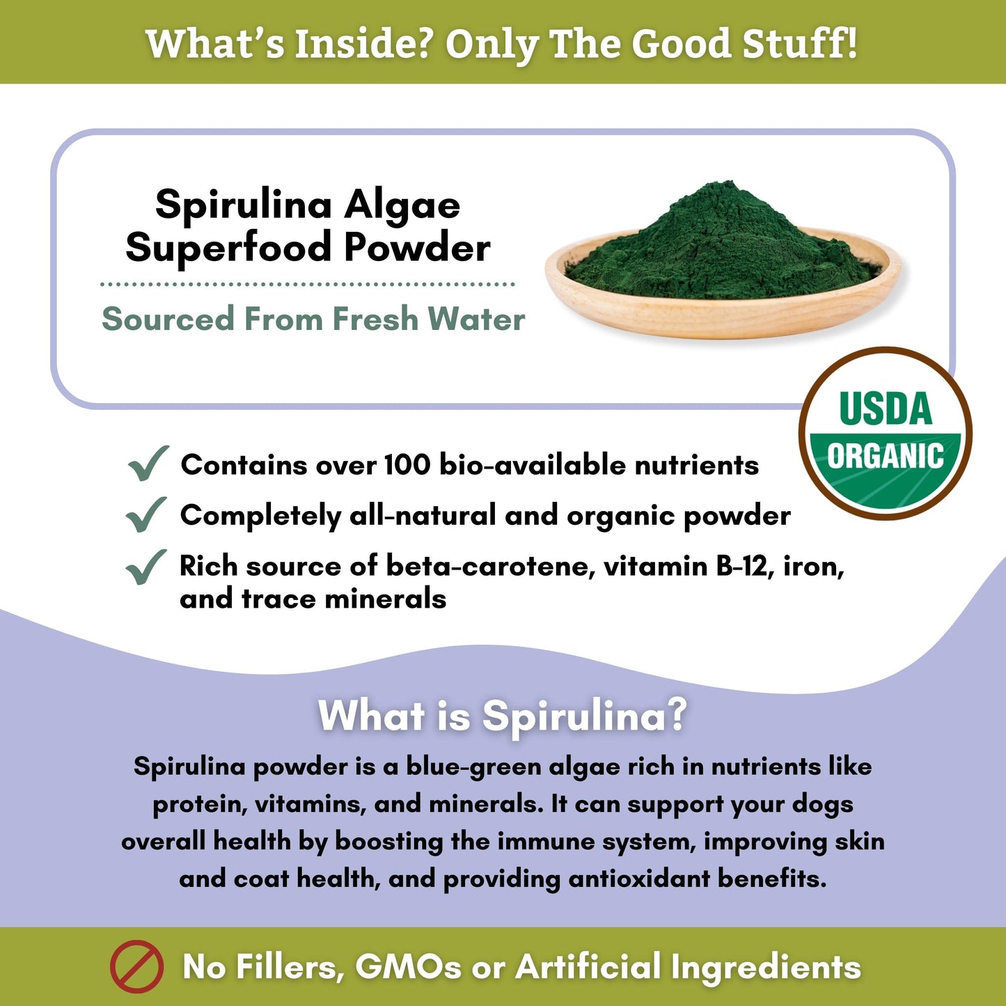 Wholistic Pet Organics Spirulina for Dogs - 3 Oz - Supports Healthy Immune System & Seasonal Allergy - Plant Based Antioxidant Support for Homemade Food - Organic Dog Food Topper - Freshly Made in USA