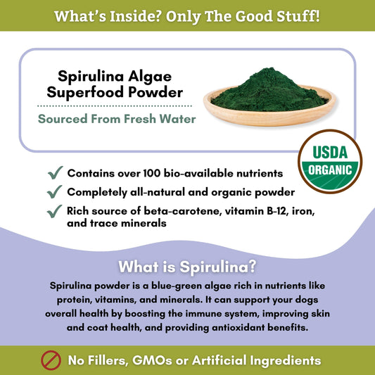Wholistic Pet Organics Spirulina for Dogs - 3 Oz - Supports Healthy Immune System & Seasonal Allergy - Plant Based Antioxidant Support for Homemade Food - Organic Dog Food Topper - Freshly Made in USA