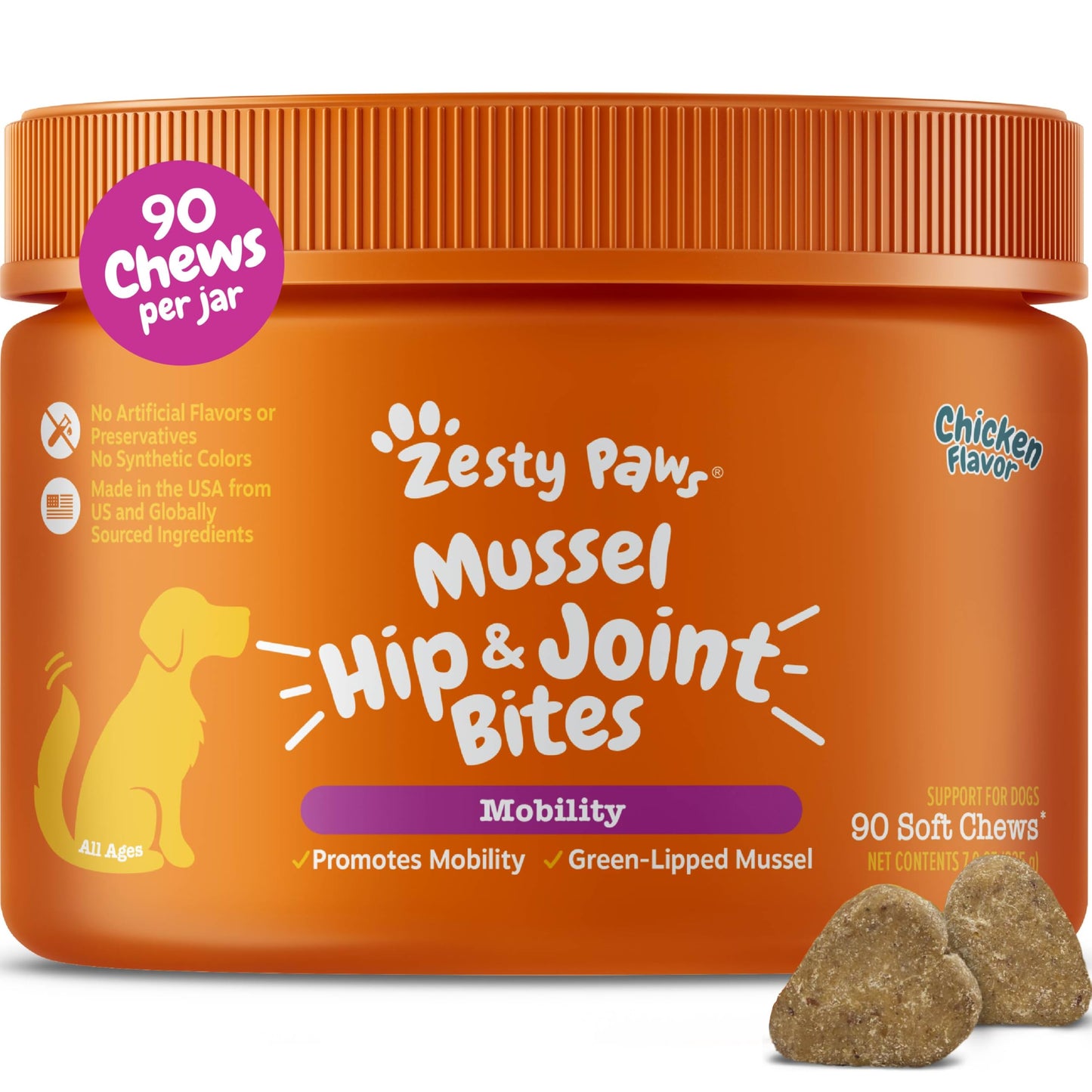 Zesty Paws Mussel Mobility Bites for Dogs - New Zealand Green Lipped Mussel with Natural Glucosamine & Chondroitin + Omega-3 Fatty Acids - Hip & Joint Support Supplement Soft Chews – 90 Count