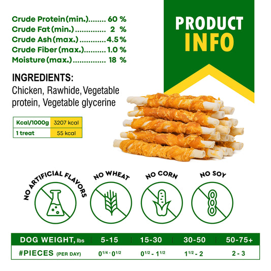 Dog Treats Rawhide Sticks 11 oz Wrapped with Chicken Pet Natural Chew Treats - Grain Free Meat & Human Grade Dried Snacks - Best for Small & Large Dogs (10.6 Ounce (Pack of 1), Rawhide Sticks)