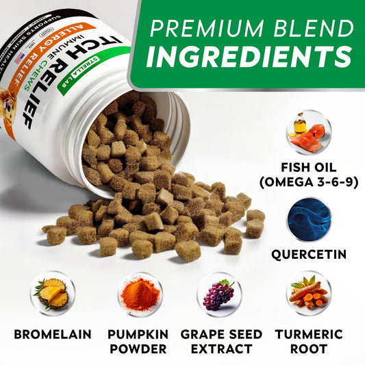 StrellaLab Dog Allergy Relief & Anti Itch Support Chews w/Omega 3, Pumpkin, Enzymes & Turmeric: Real Ingredients, Real Taste! Skin & Coat Immune Supplement w/Fish Oil - Made in USA - 180Ct - Chicken