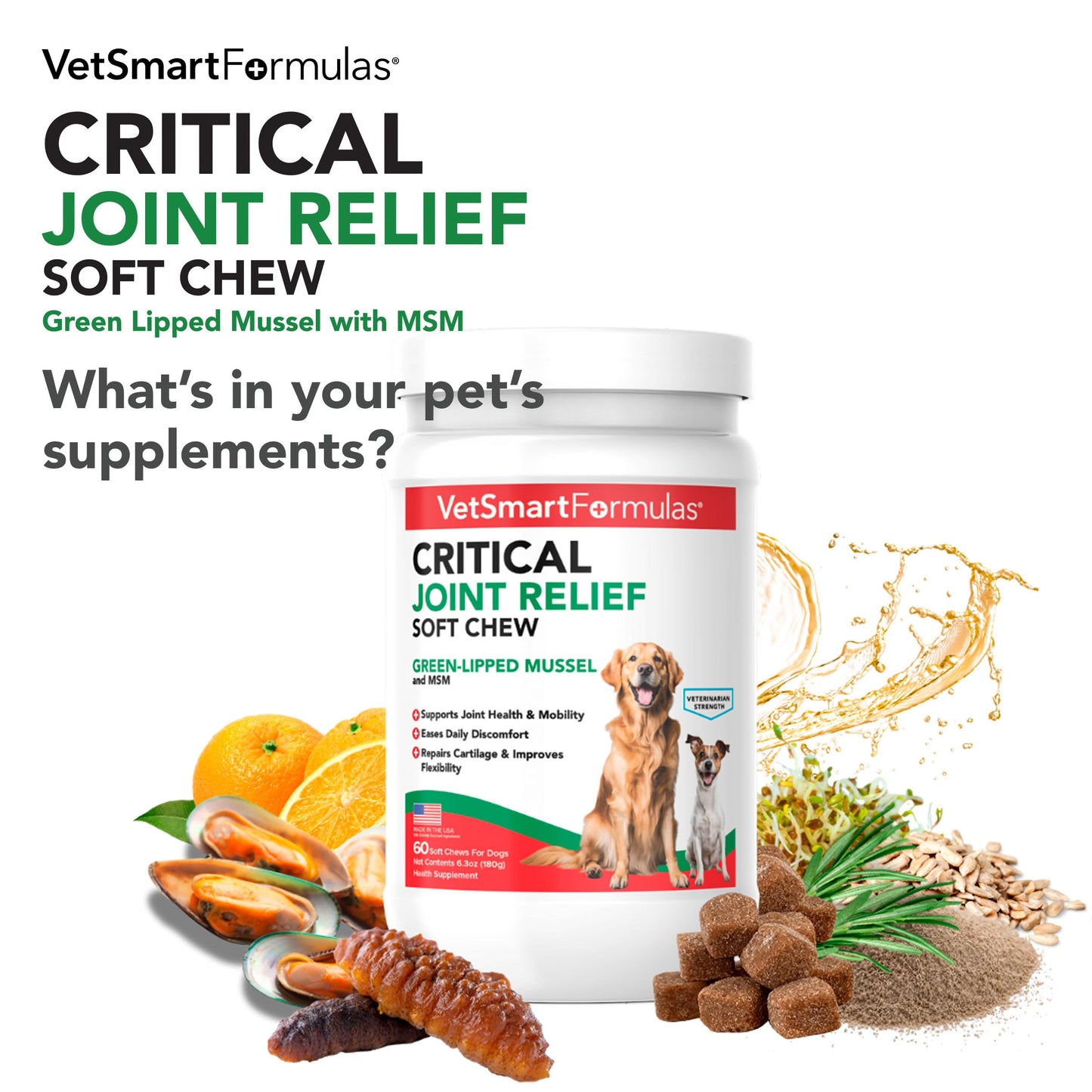 VetSmart Formulas Critical Joint Relief Soft Chew for Dogs – Hip & Joint Supplement with Glucosamine, MSM, Green-Lipped Mussel – Joint Discomfort, Hip Dysplasia & Mobility Support, Made in USA