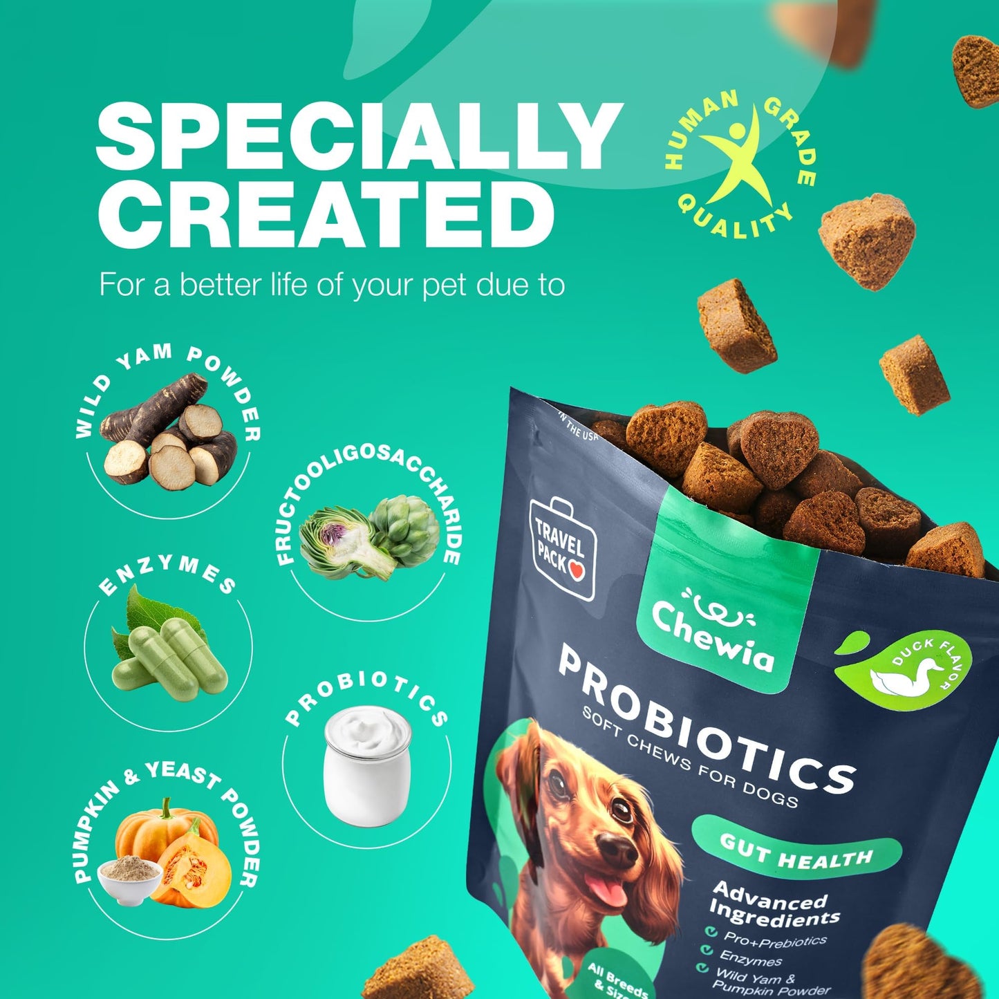 Probiotics for Dogs Gut Health, Digestion, Immunity, Yeast Balance, Itchy Skin, Allergies Support - Dog Probiotic Chews (Travel Pack) with Digestive Enzymes for Gut Flora - Pumpkin and Yeast Powder