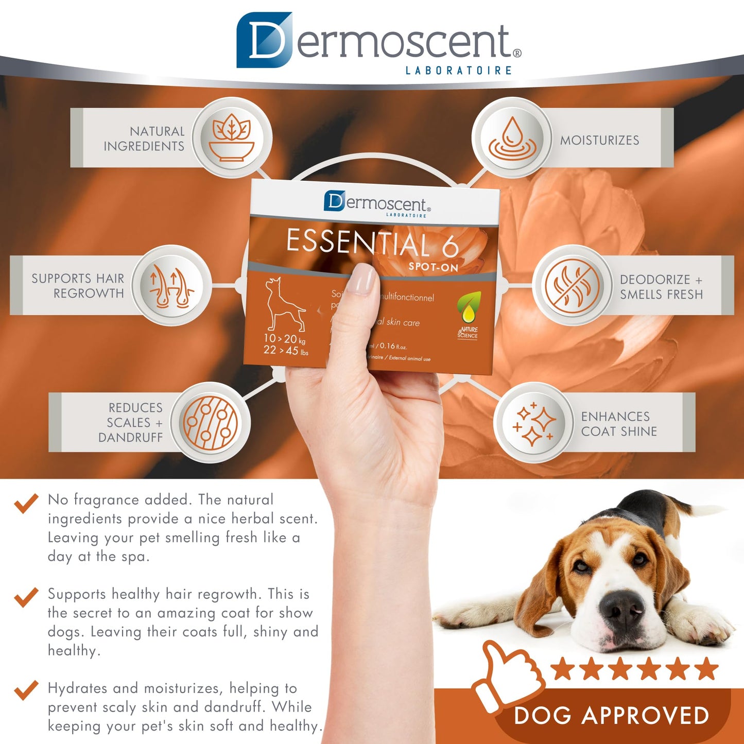 Dermoscent Essential 6 spot-on - Dog Skin Care for Dandruff & Allergy Relief with Vitamin E Oil - Anti Itch for Dogs - Natural Ingredients for Sensitive Skin - Dogs 10-20 kg - 4 Pipettes of 1.2 ml