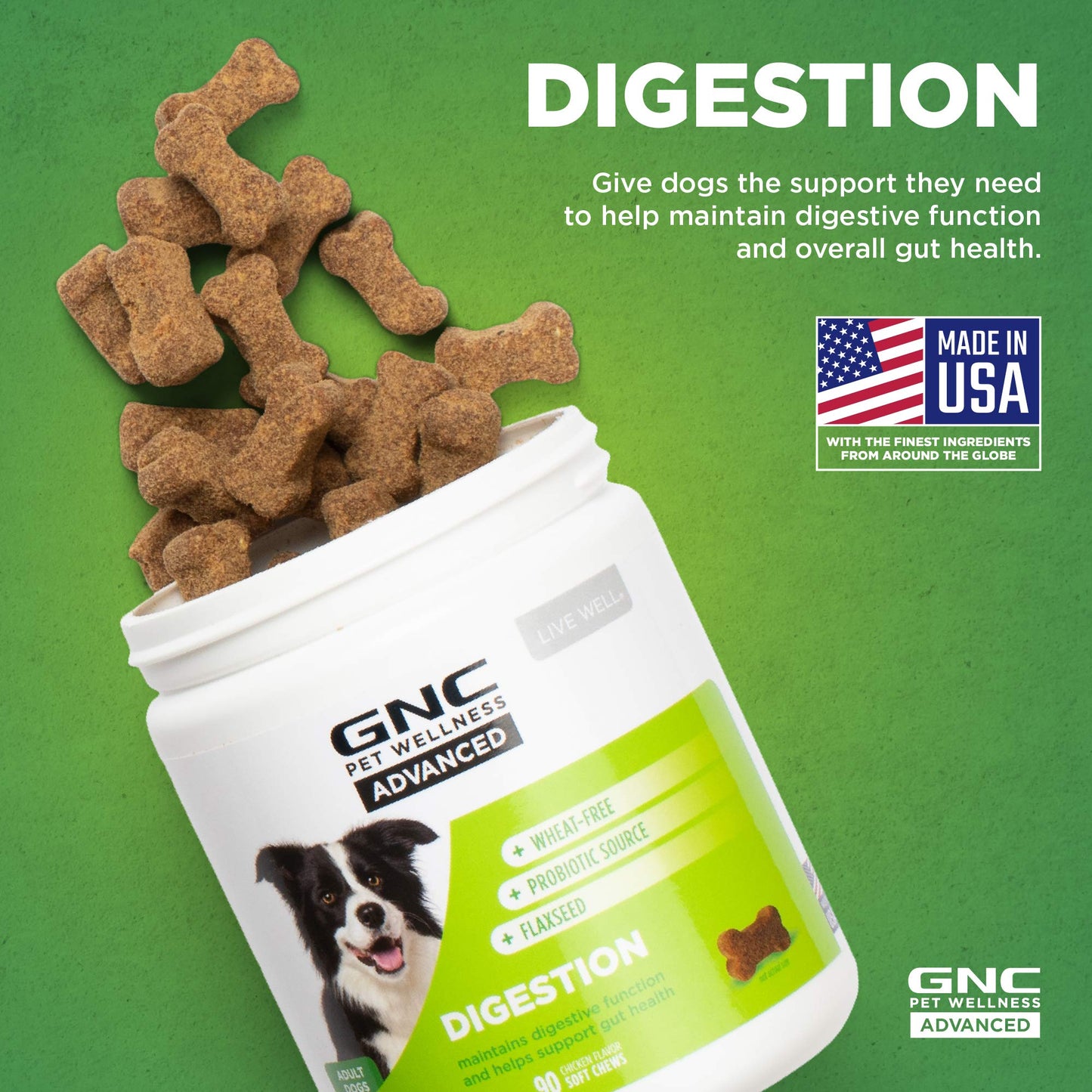 GNC Pets Advanced Digestion Dog Supplements, Soft Chew Digestive Support with Flaxseed & Probiotics for Gut Health, Chicken Flavor Vitamins & Enzymes Supplement for All Dogs, 90 Count