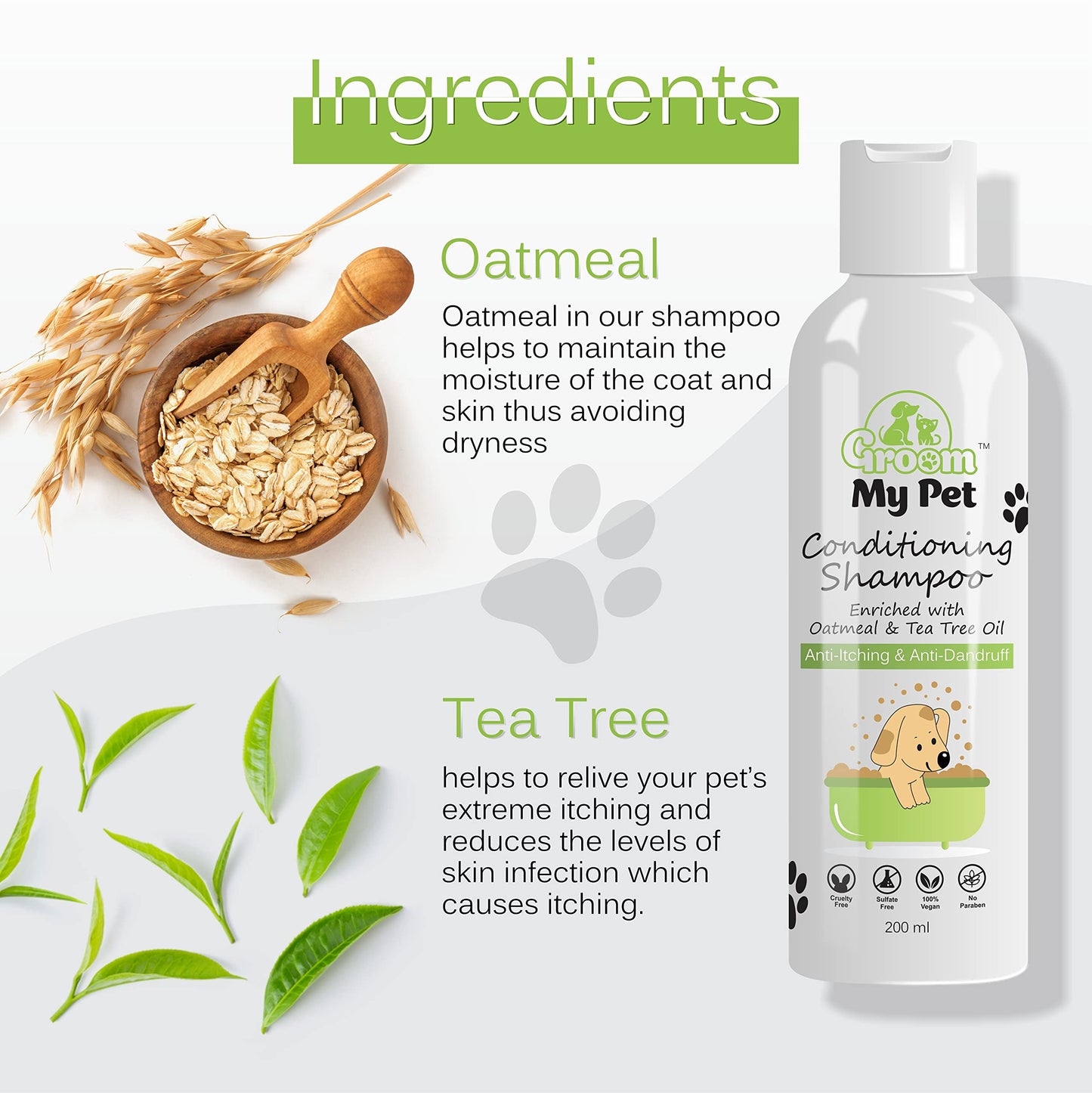 Groom My Pet Dog Shampoo with Conditioner-200ml | for All Breeds & All Hair Coat Types|Enriched with Oatmeal & Tea Tree Oil | Sulfate Free