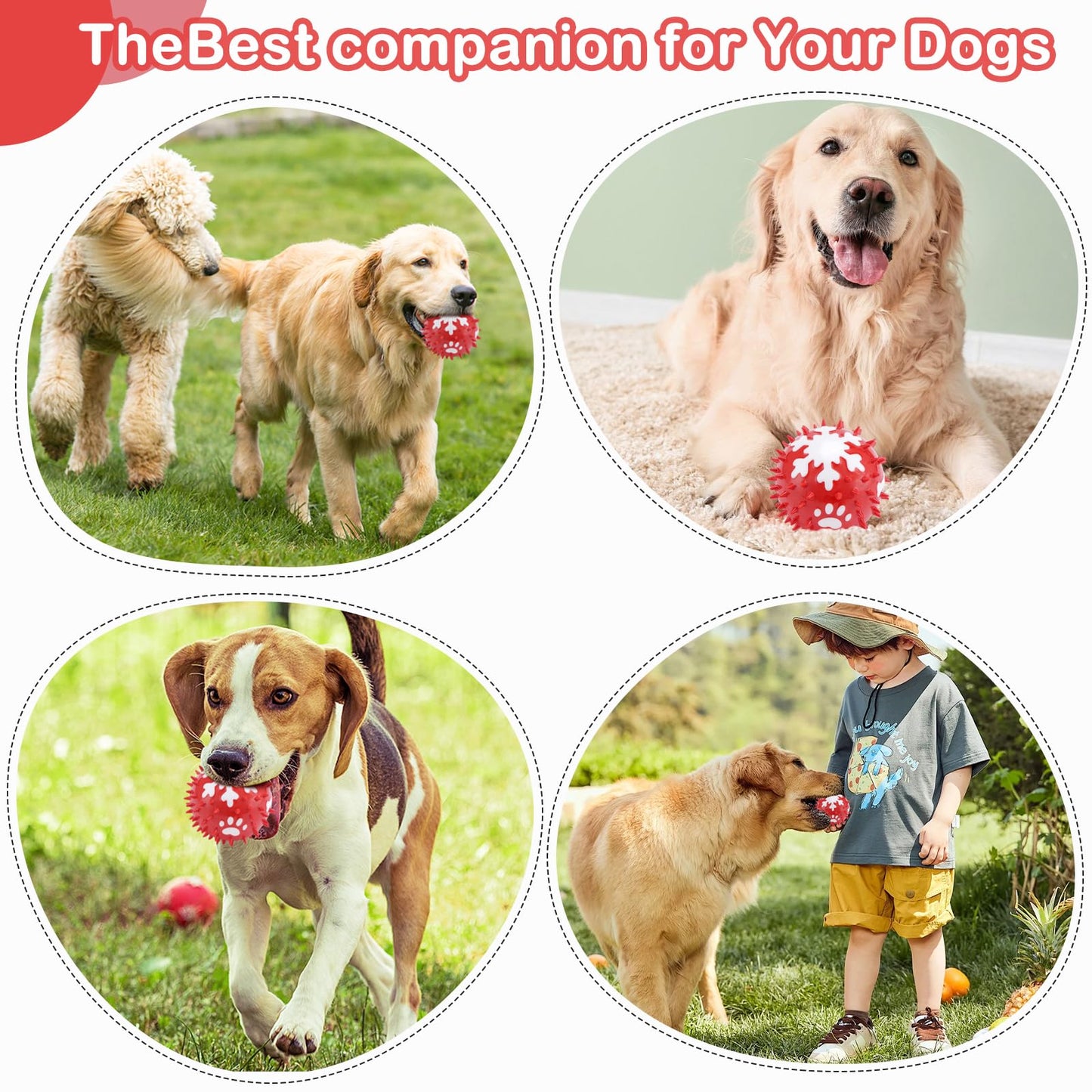 2 Pack Dog Toys - Bone & Ball Chew Toys, Teething Toys for Aggressive Chewers Durable Tough Chew Toys for Small/Medium/Large Breeds Snowflake Bone Pattern (Red, Ball+Bone)