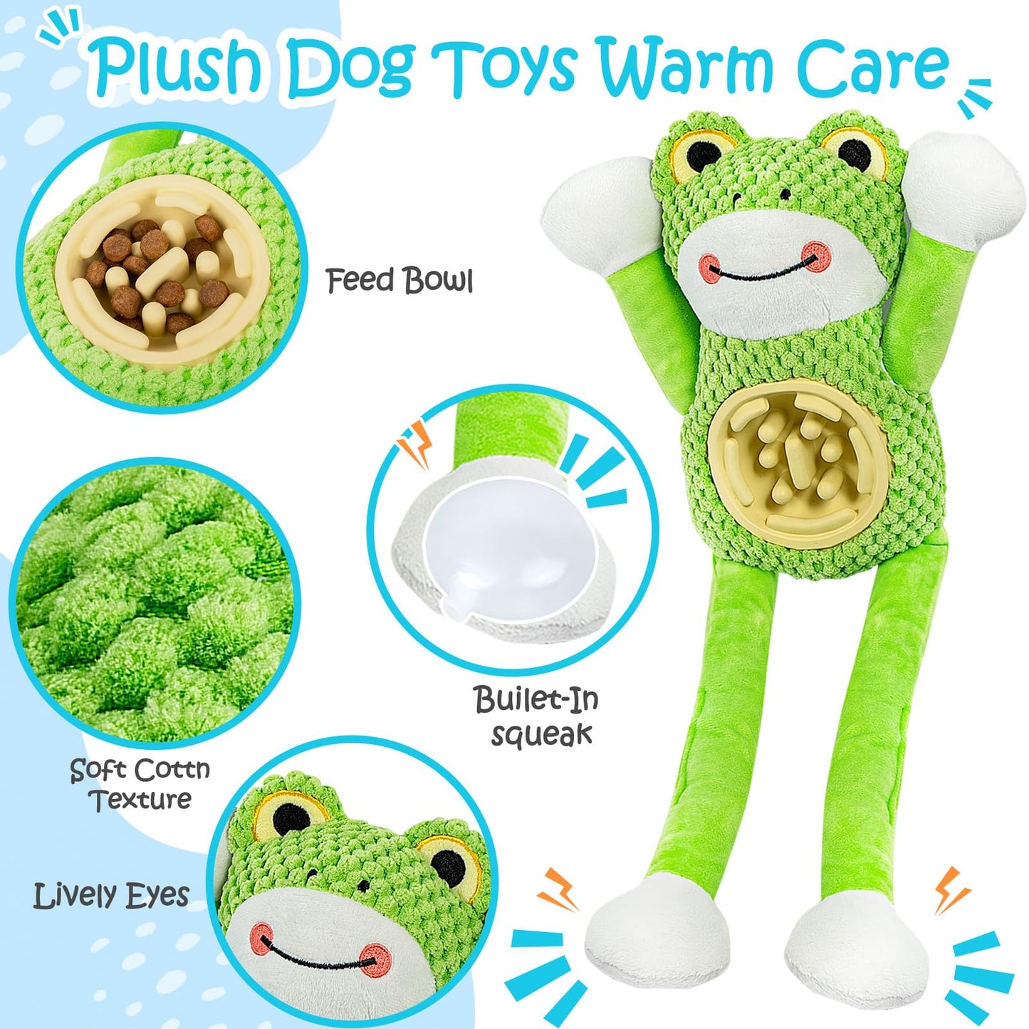 Squeaky Dog Toys - Interactive Frog Plush Dog Toy with Slow Feeder & Tug of War Game, Mental Stimulation Fluffy Stuffed Puppy Toys for Small, Medium, Large Breeds, Durable