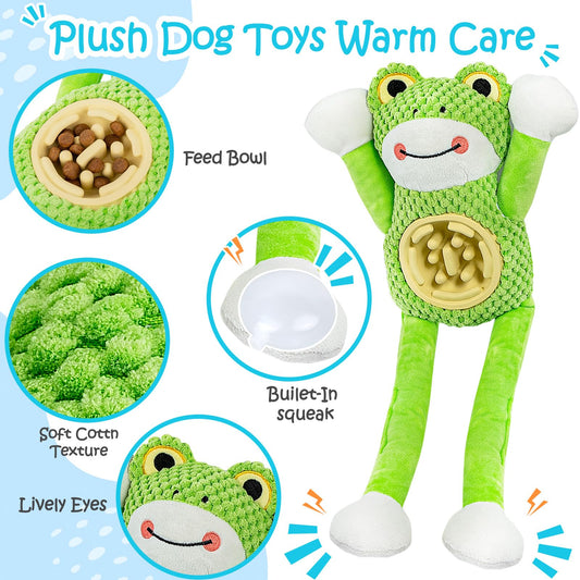 Squeaky Dog Toys - Interactive Frog Plush Dog Toy with Slow Feeder & Tug of War Game, Mental Stimulation Fluffy Stuffed Puppy Toys for Small, Medium, Large Breeds, Durable